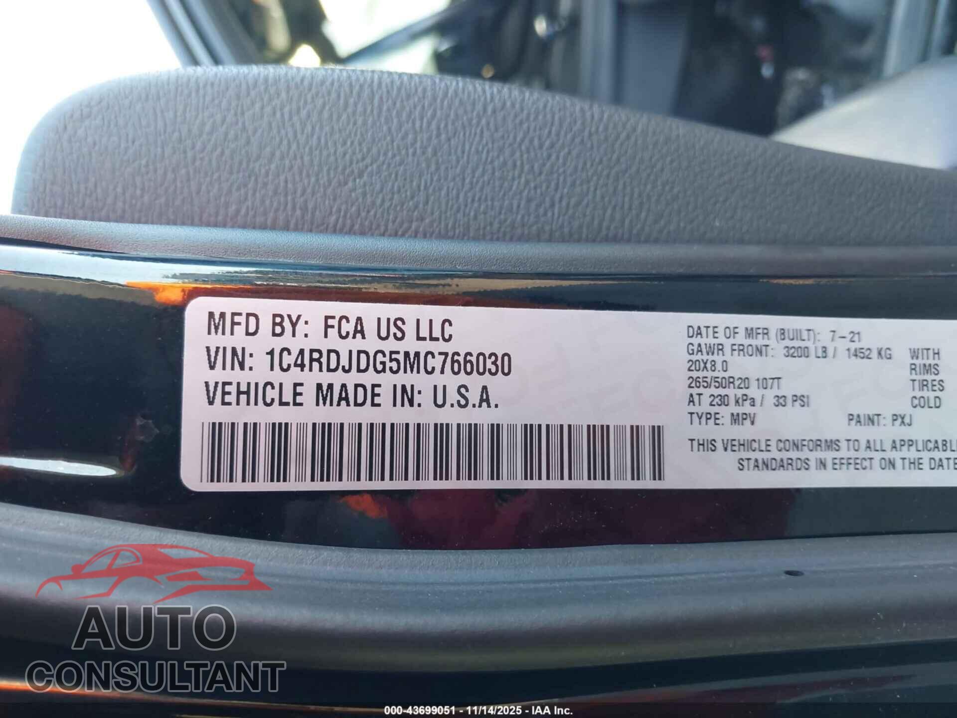 DODGE DURANGO 2021 - 1C4RDJDG5MC766030