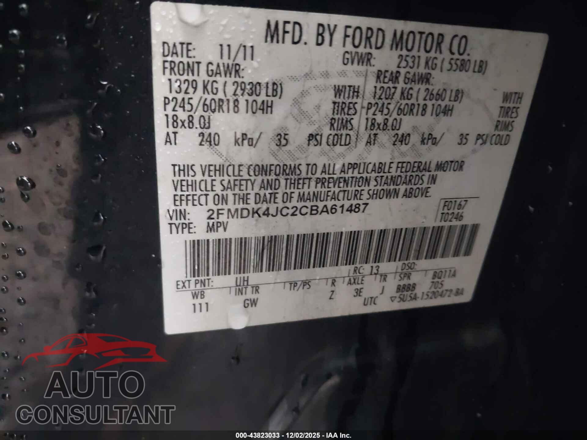 FORD EDGE 2012 - 2FMDK4JC2CBA61487