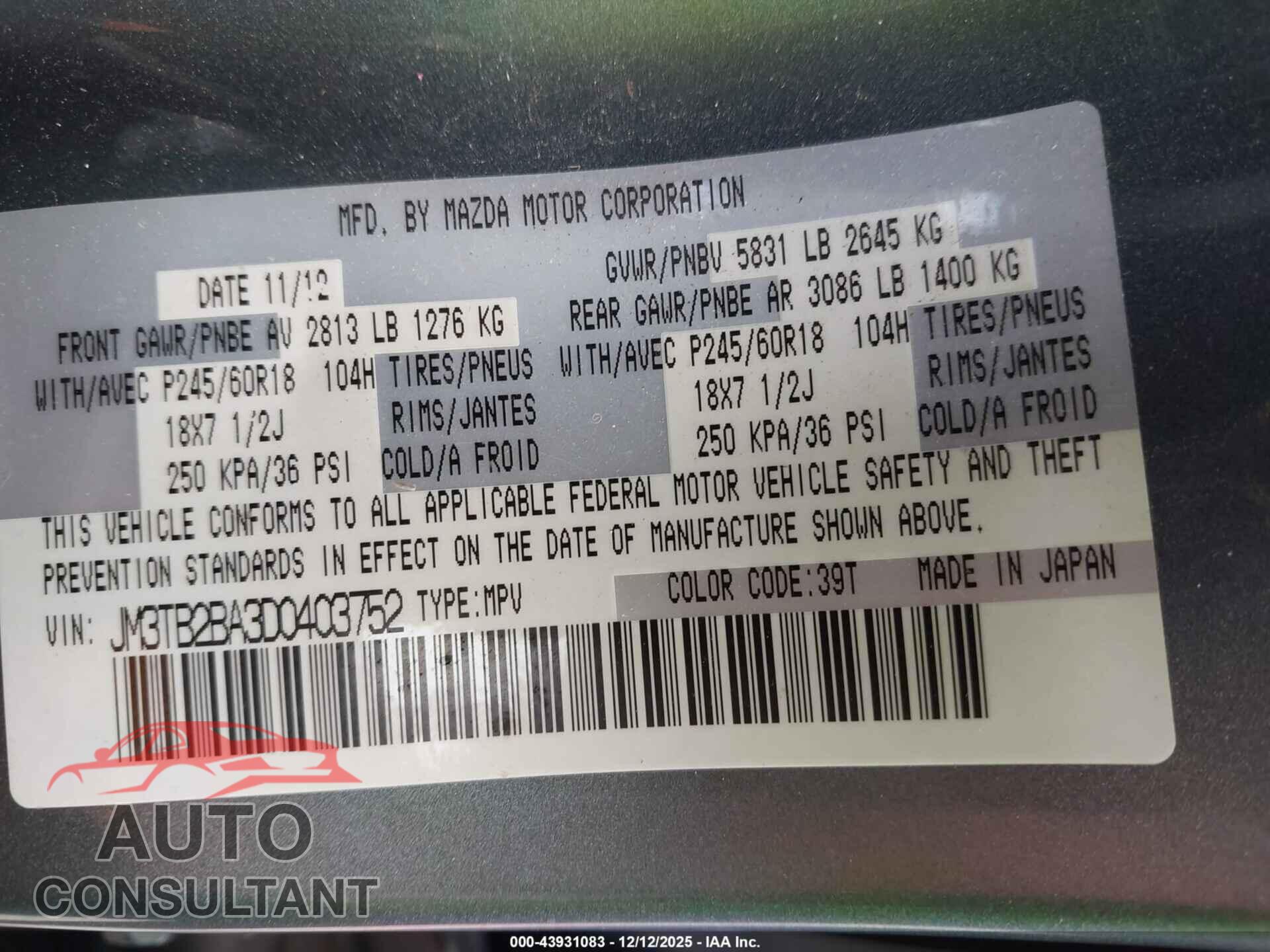 MAZDA CX-9 2013 - JM3TB2BA3D0403752