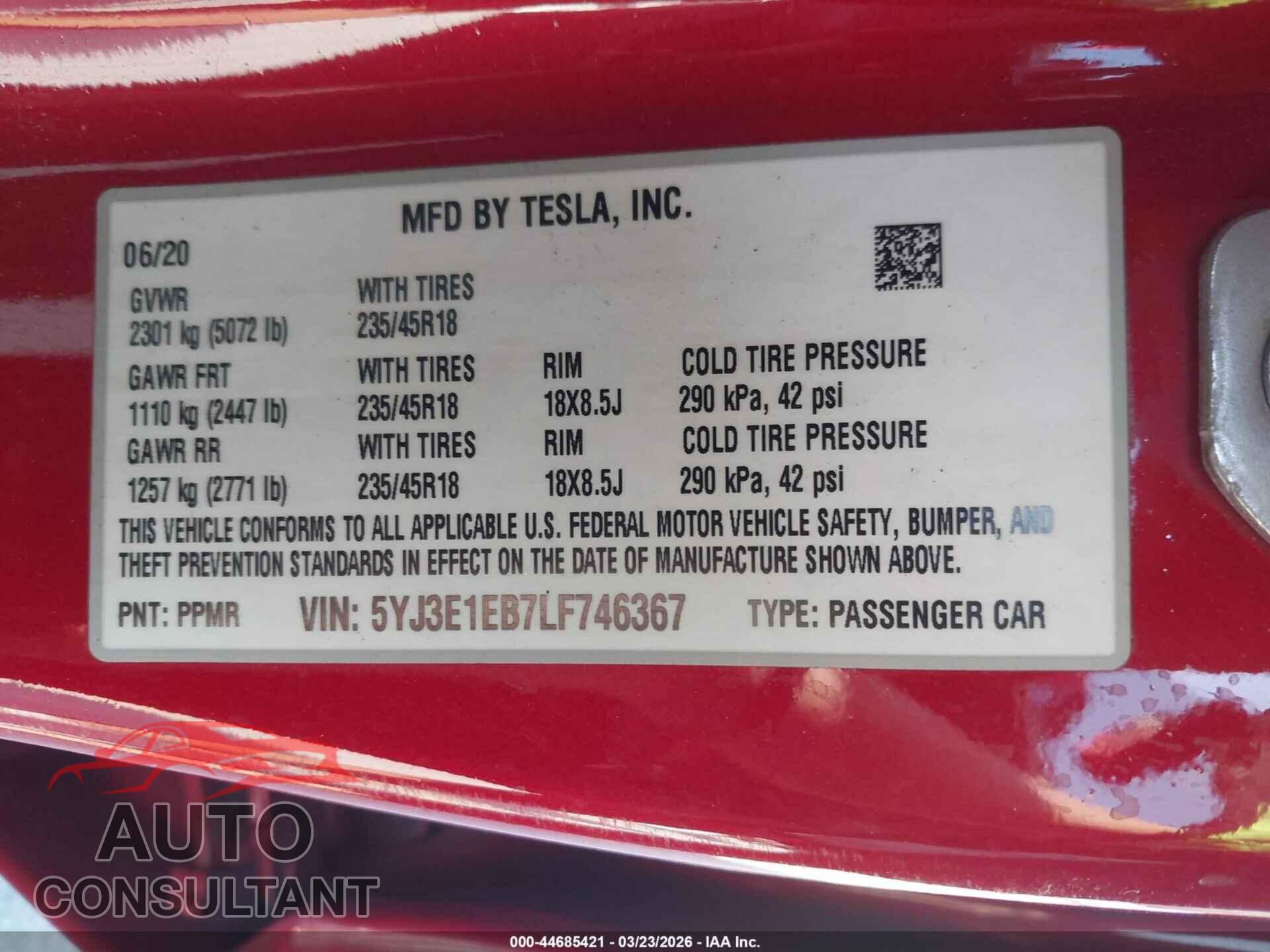 TESLA MODEL 3 2020 - 5YJ3E1EB7LF746367