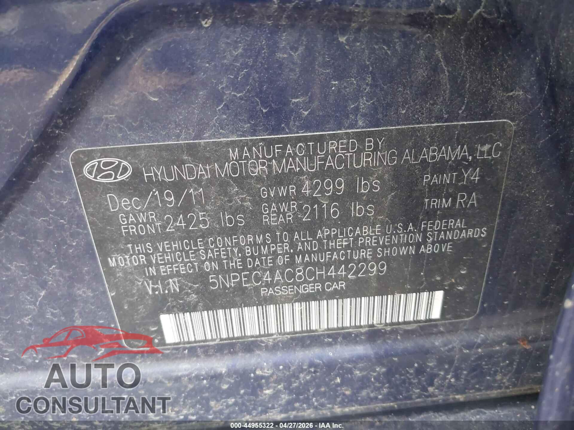 HYUNDAI SONATA 2012 - 5NPEC4AC8CH442299