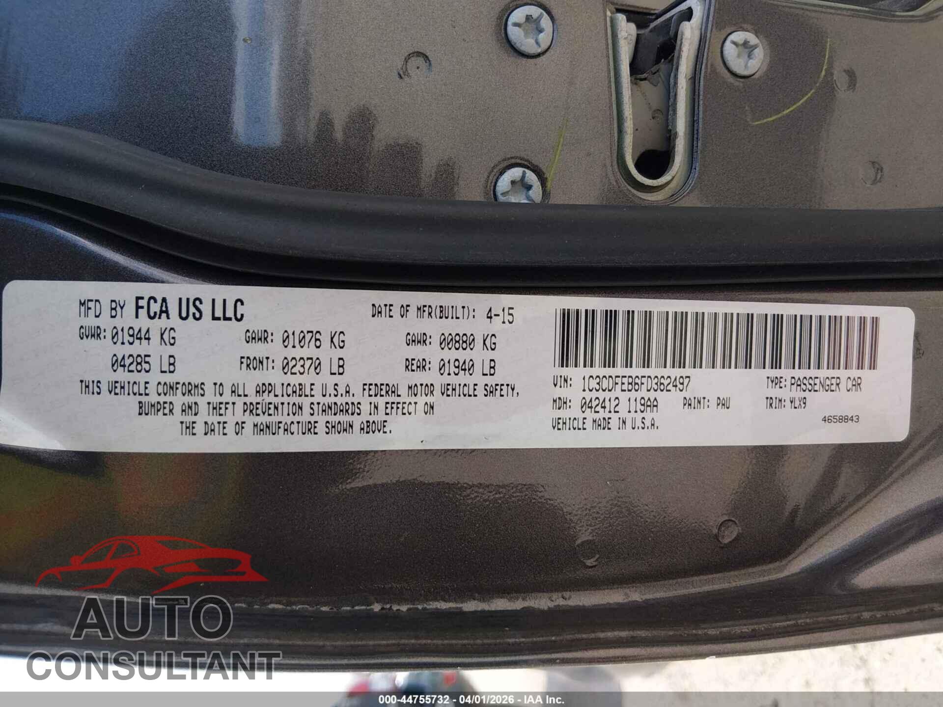 DODGE DART 2015 - 1C3CDFEB6FD362497