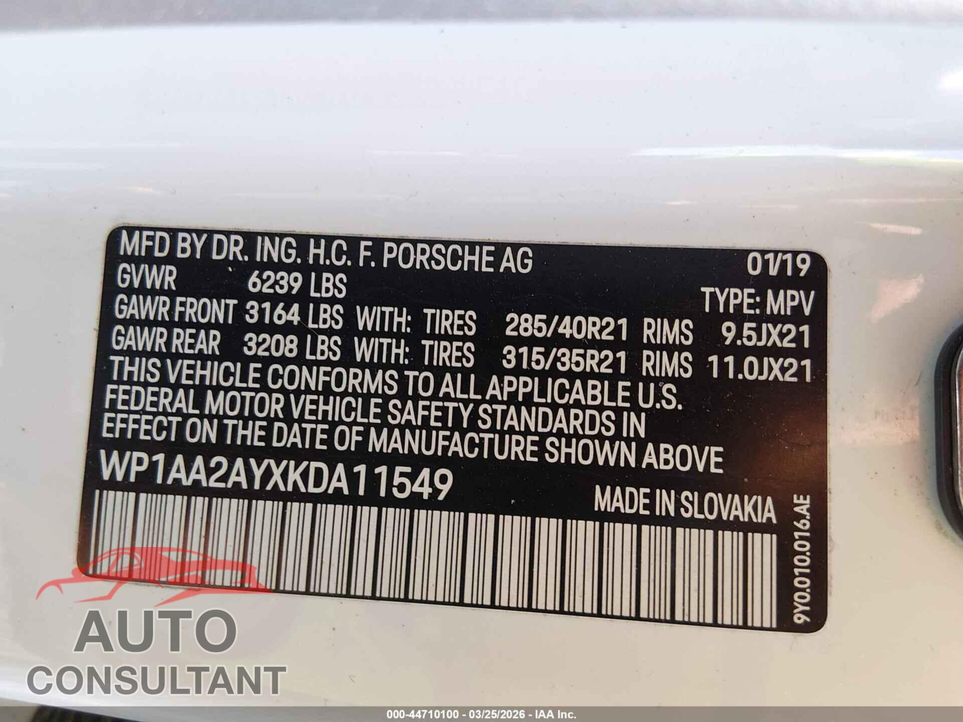 PORSCHE CAYENNE 2019 - WP1AA2AYXKDA11549
