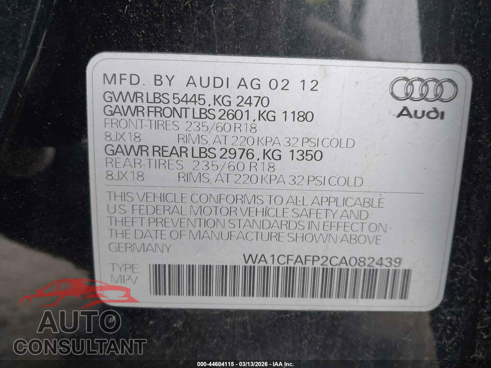 AUDI Q5 2012 - WA1CFAFP2CA082439