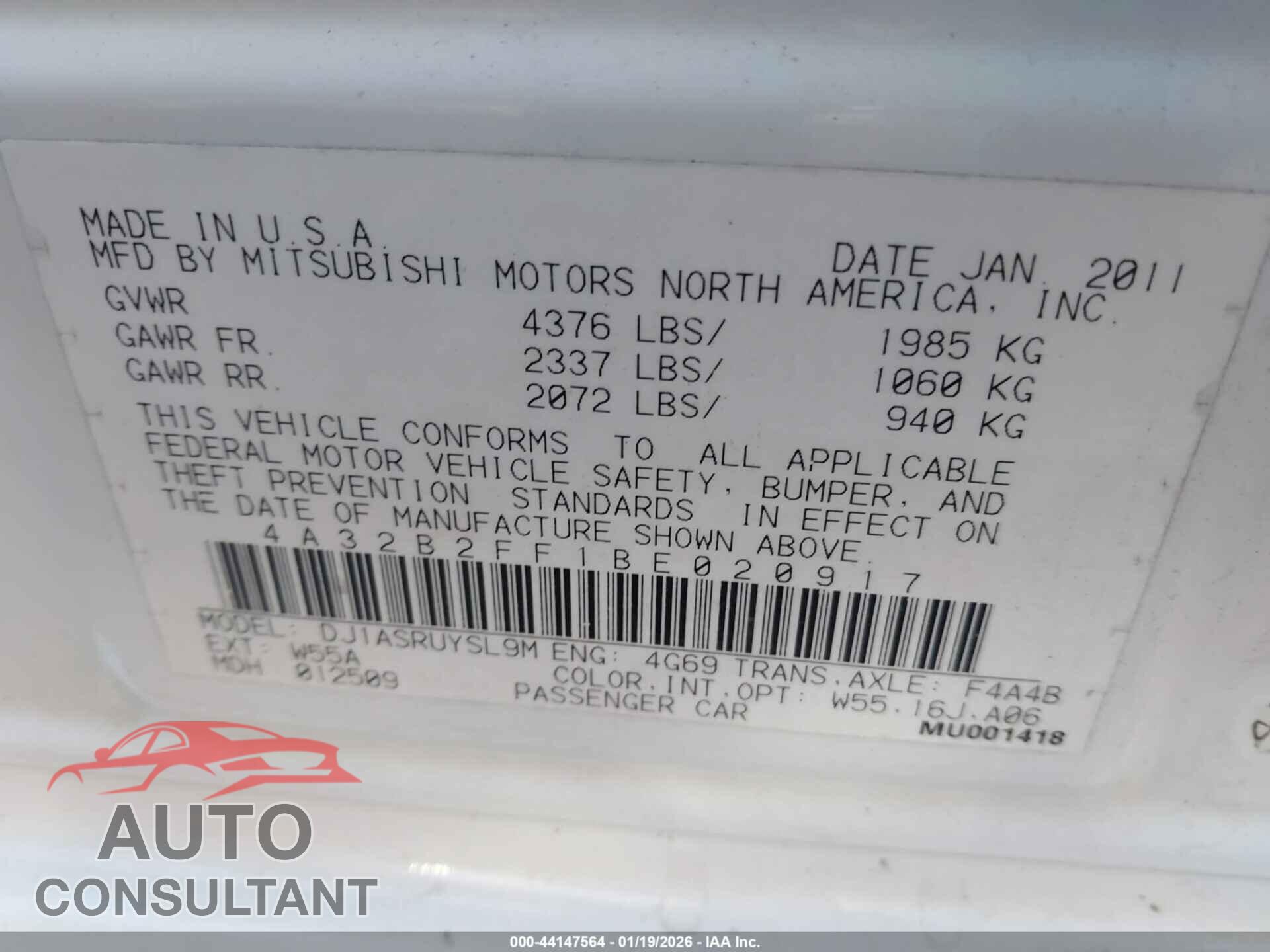 MITSUBISHI GALANT 2011 - 4A32B2FF1BE020917