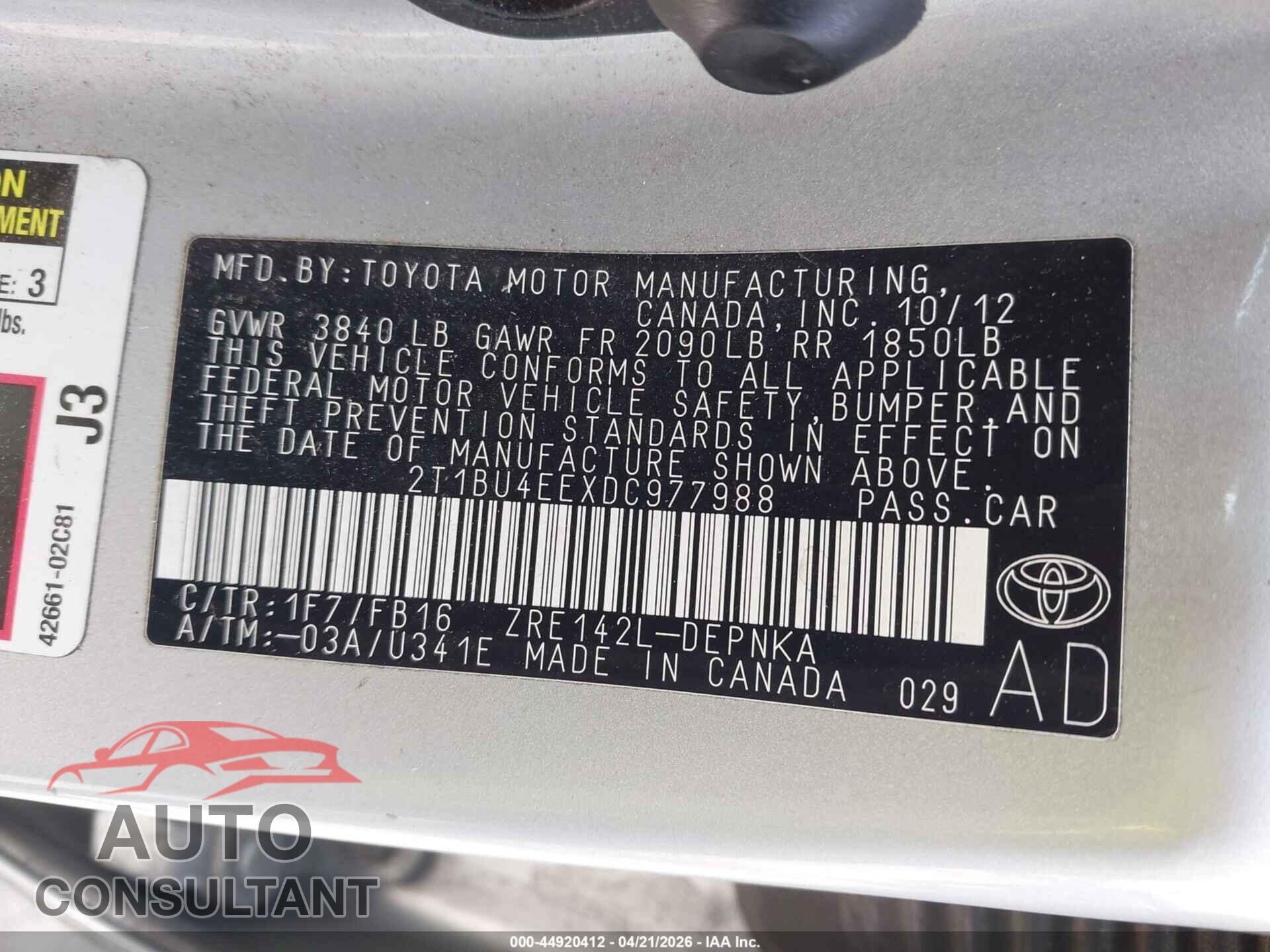 TOYOTA COROLLA 2013 - 2T1BU4EEXDC977988