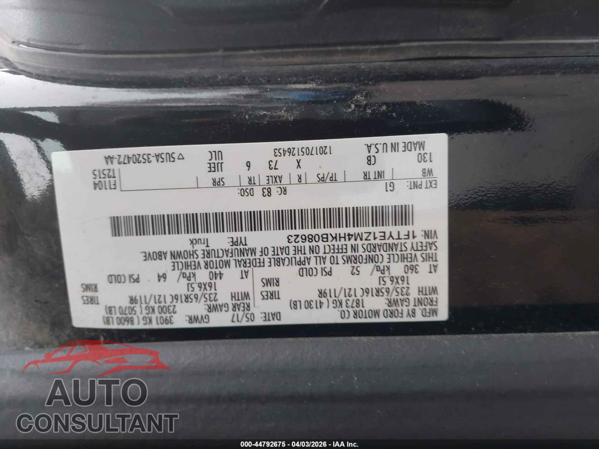 FORD TRANSIT-150 2017 - 1FTYE1ZM4HKB08623