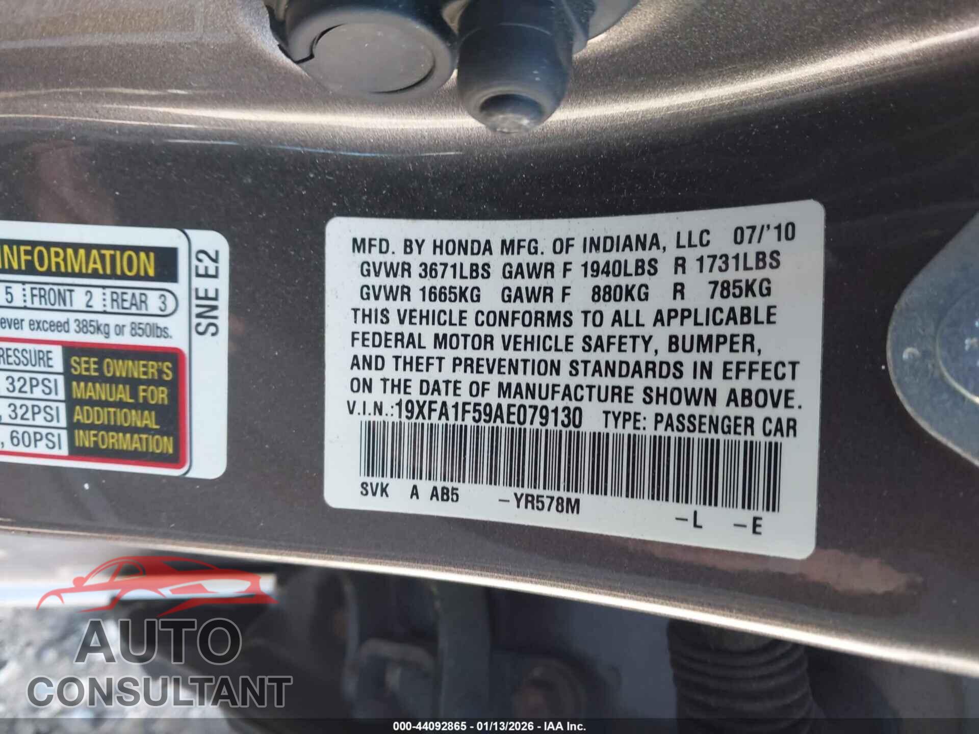 HONDA CIVIC 2010 - 19XFA1F59AE079130