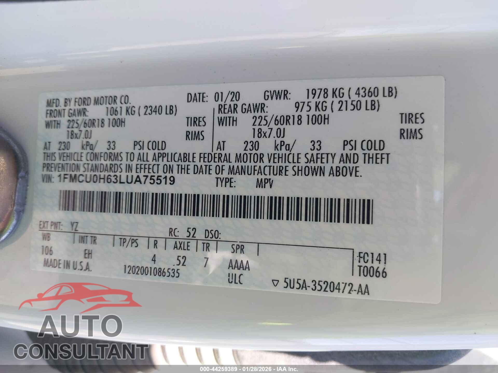 FORD ESCAPE 2020 - 1FMCU0H63LUA75519