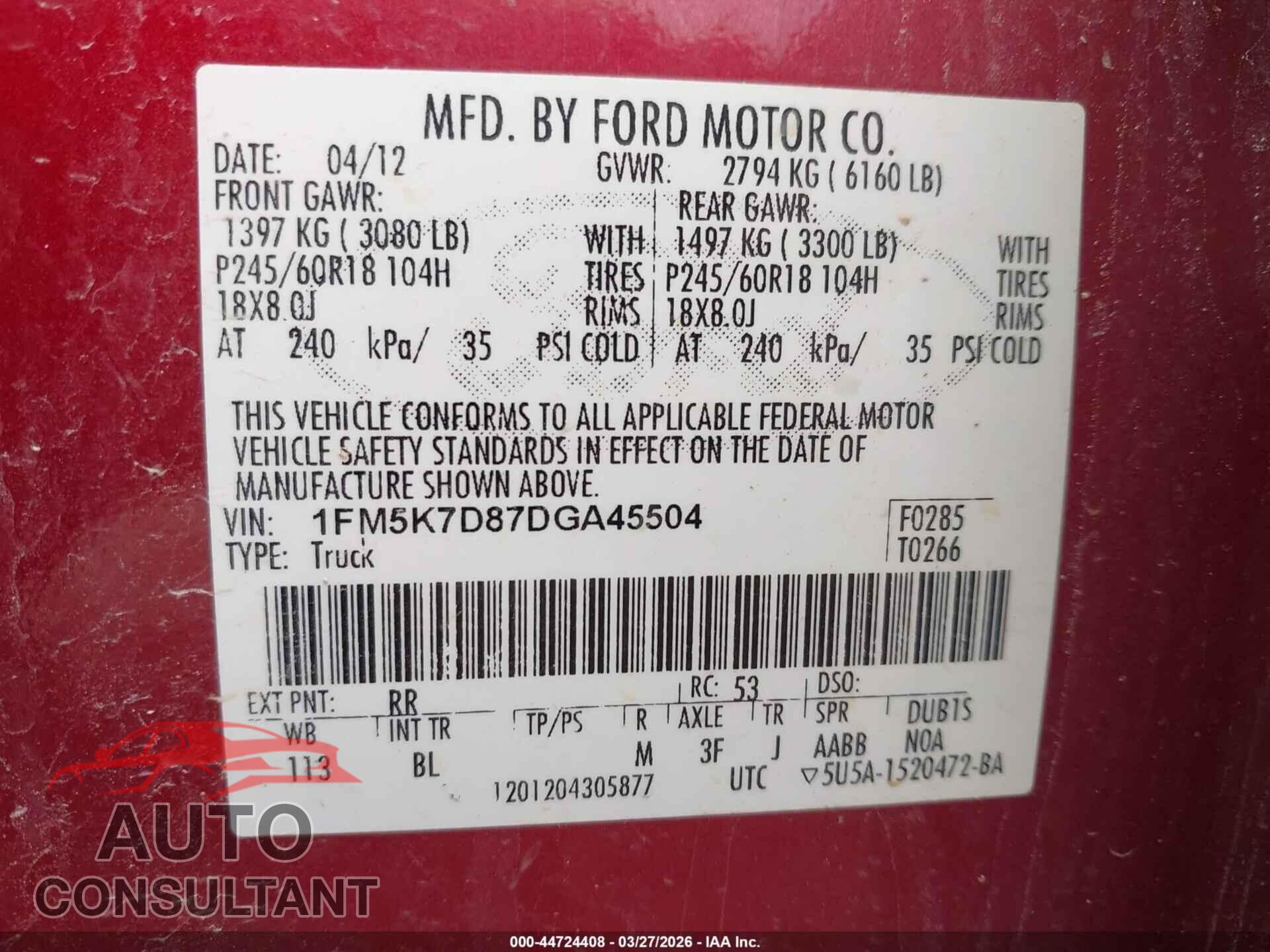 FORD EXPLORER 2013 - 1FM5K7D87DGA45504