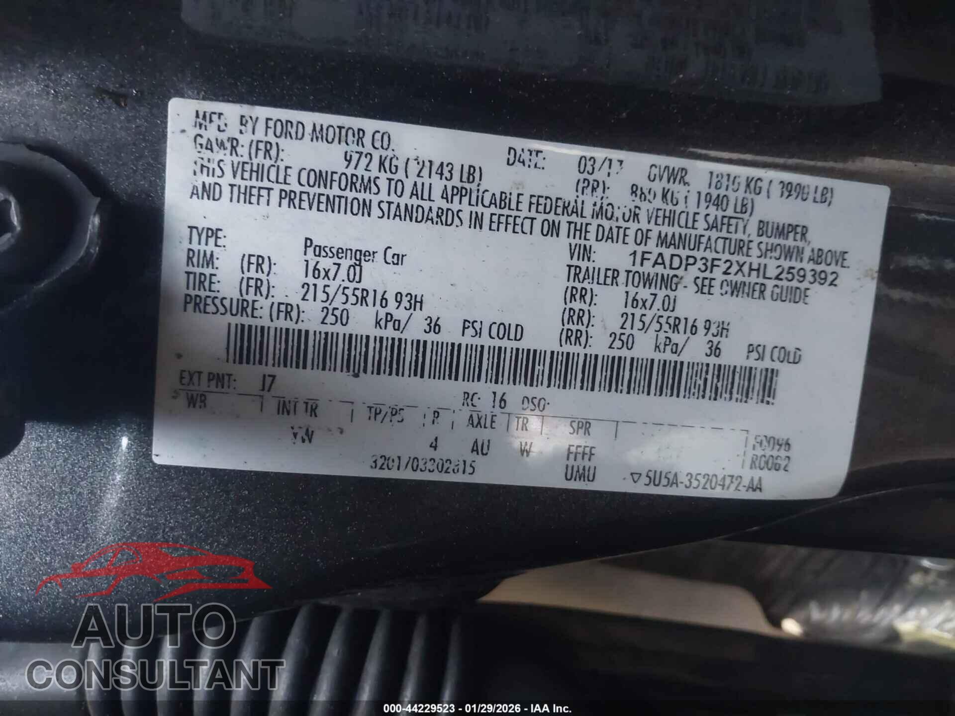 FORD FOCUS 2017 - 1FADP3F2XHL259392