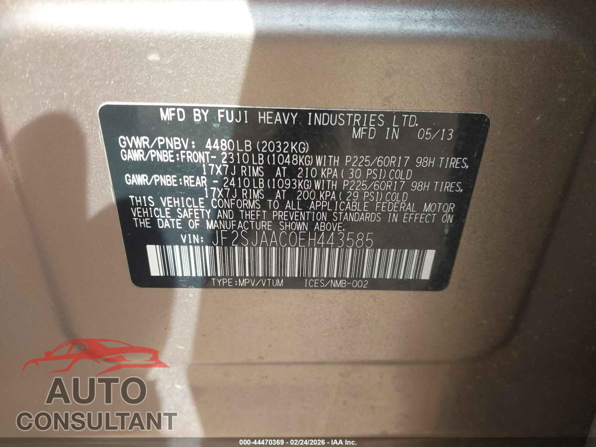 SUBARU FORESTER 2014 - JF2SJAAC0EH443585