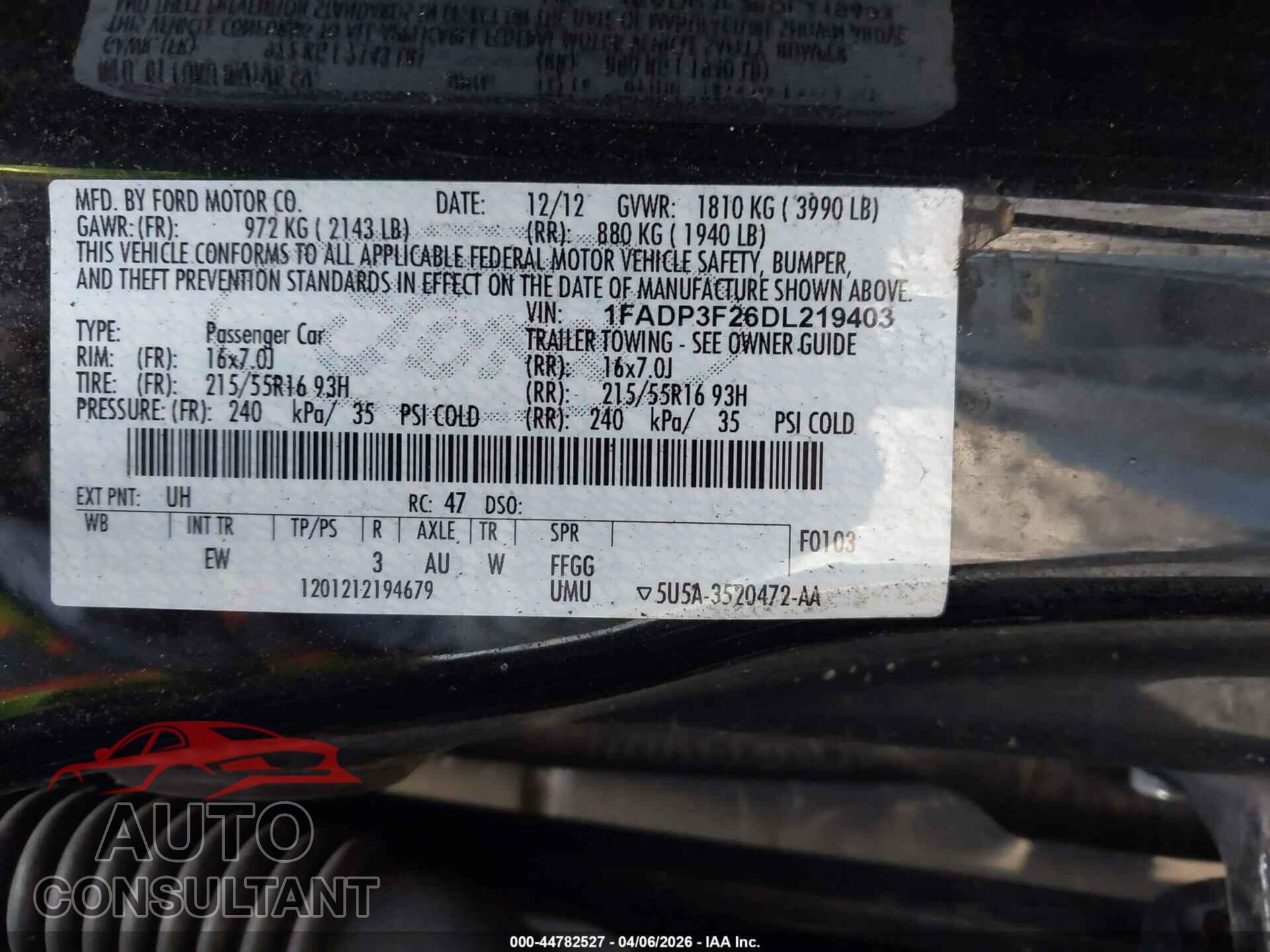 FORD FOCUS 2013 - 1FADP3F26DL219403