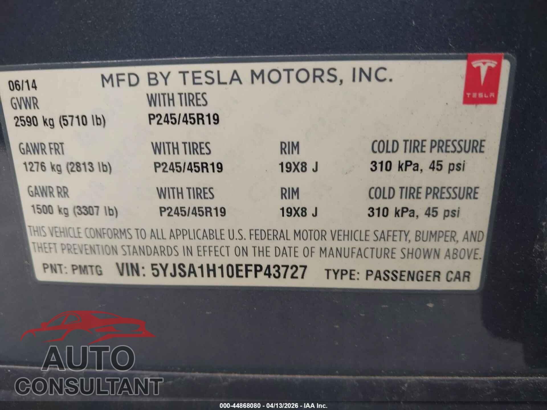 TESLA MODEL S 2014 - 5YJSA1H10EFP43727