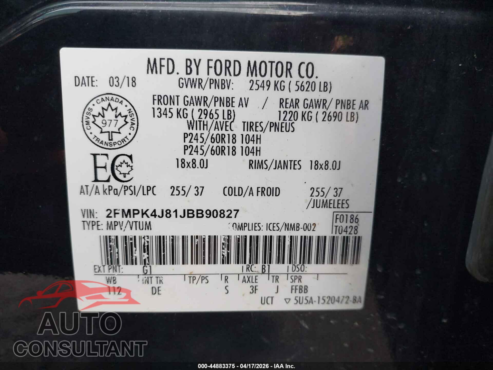 FORD EDGE 2018 - 2FMPK4J81JBB90827
