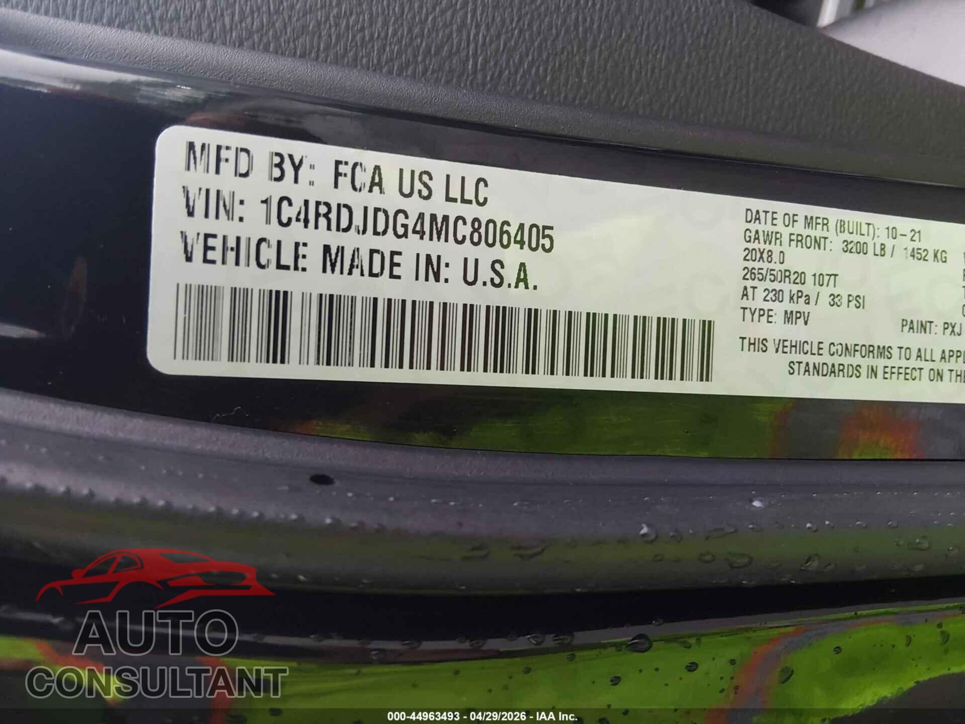 DODGE DURANGO 2021 - 1C4RDJDG4MC806405