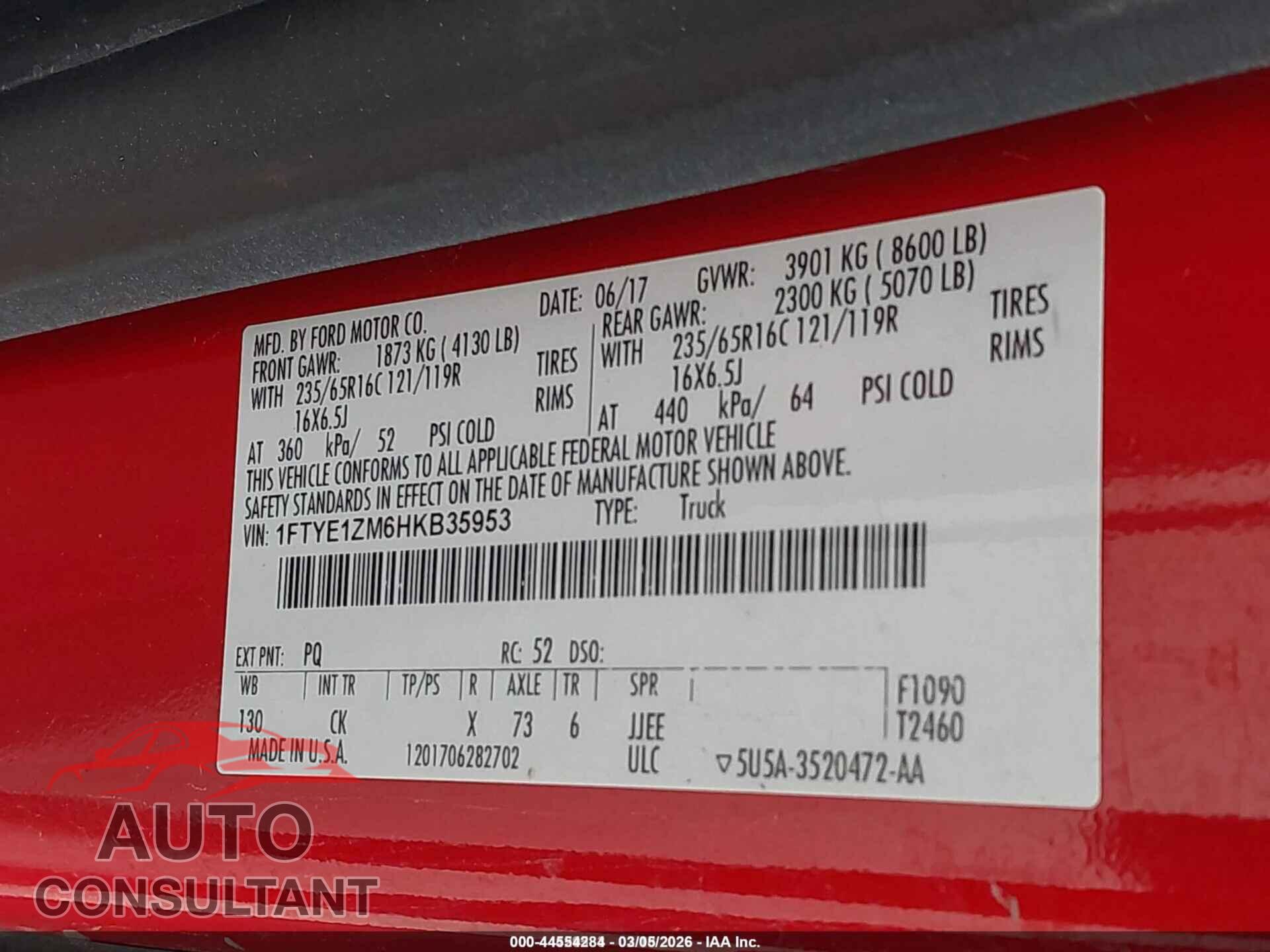 FORD TRANSIT-150 2017 - 1FTYE1ZM6HKB35953