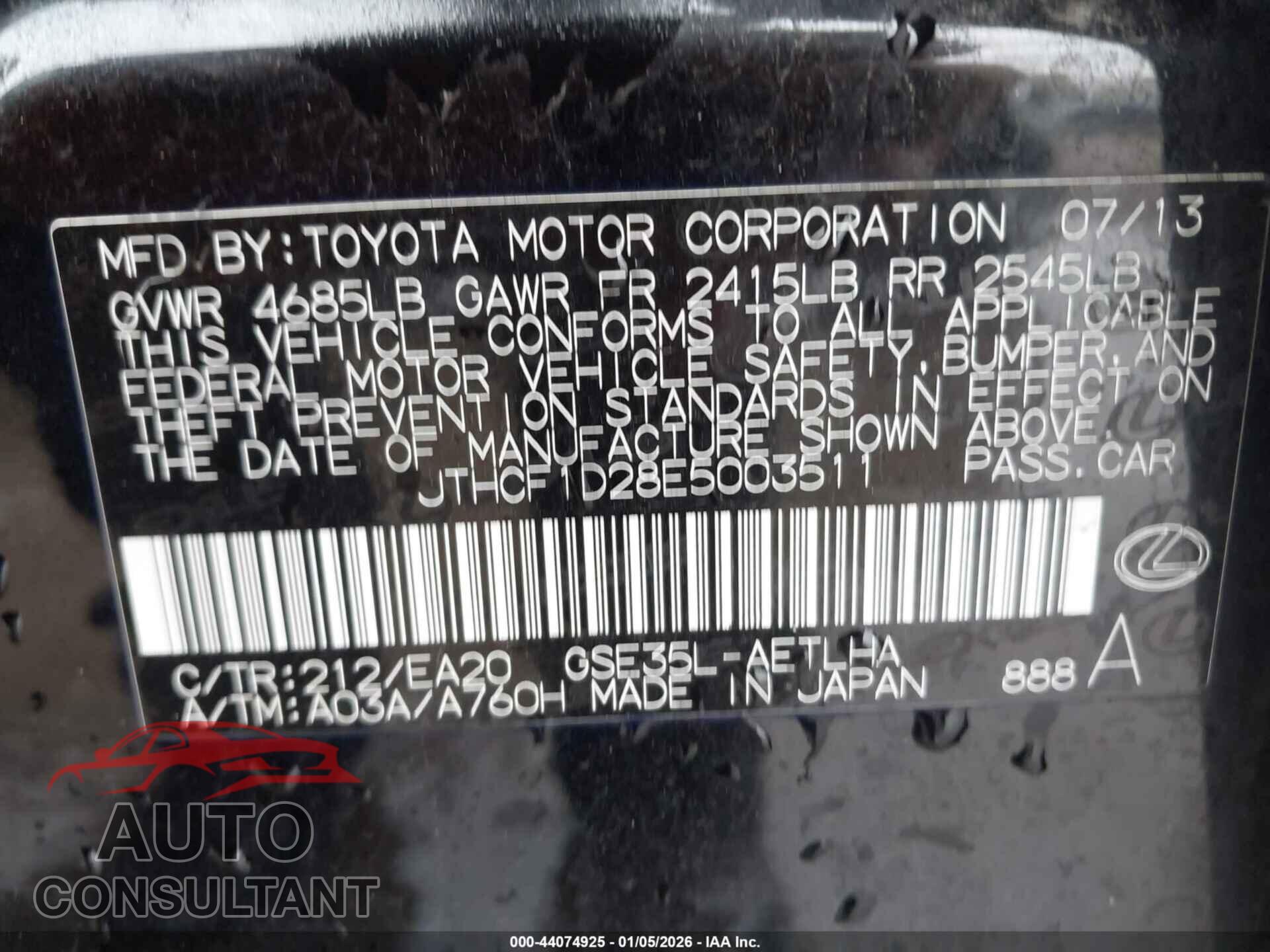 LEXUS IS 250 2014 - JTHCF1D28E5003511
