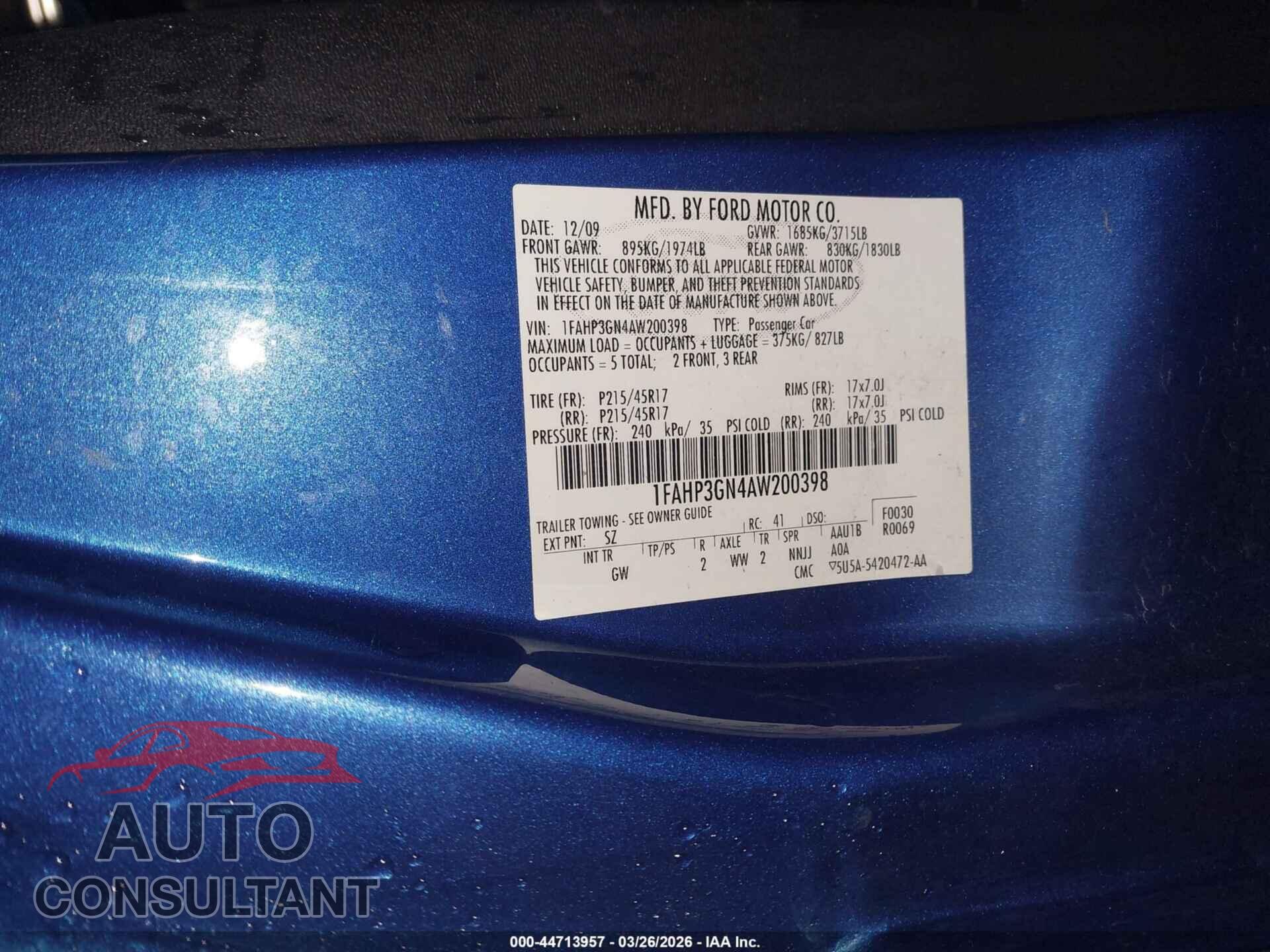 FORD FOCUS 2010 - 1FAHP3GN4AW200398