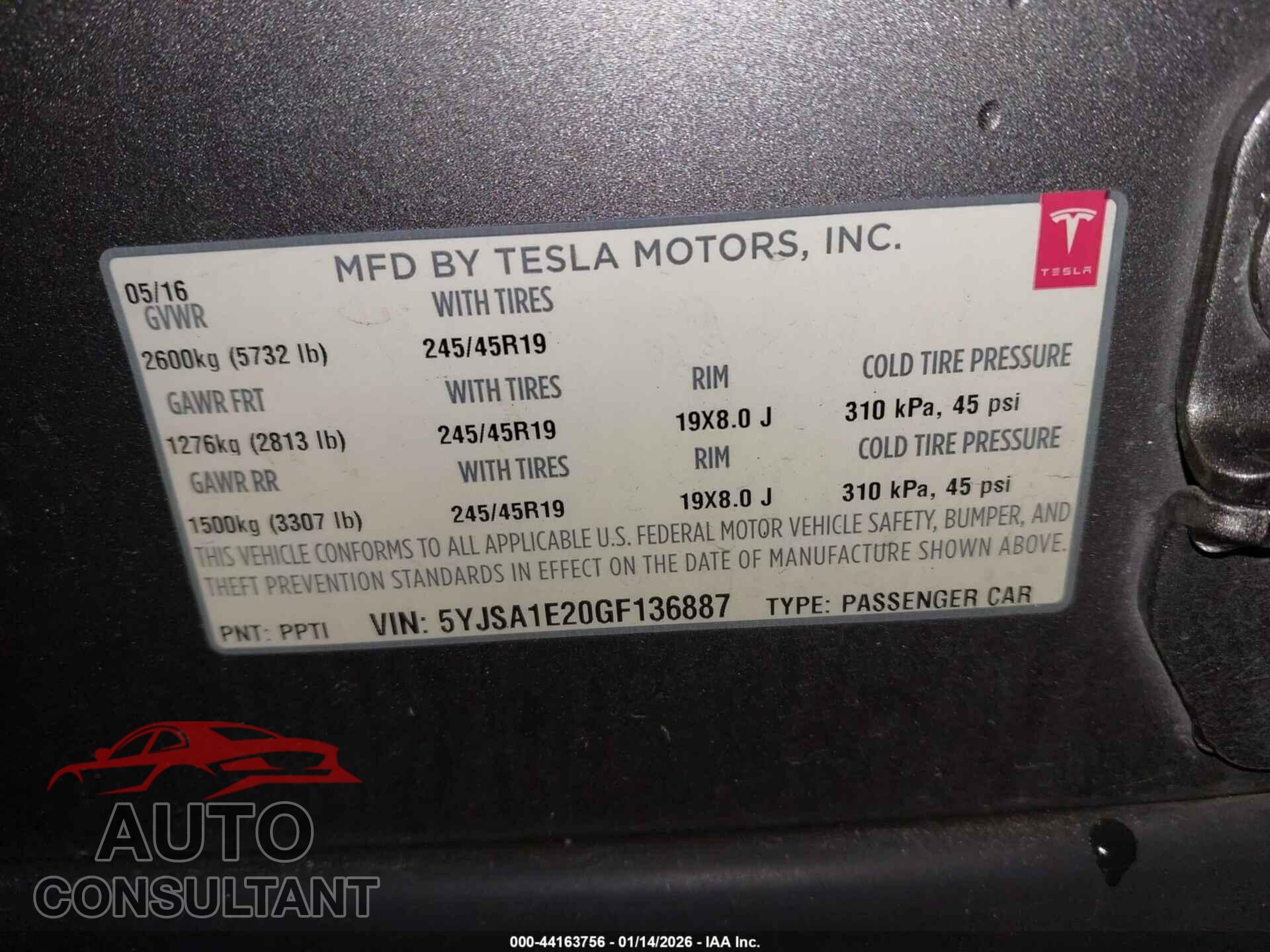 TESLA MODEL S 2016 - 5YJSA1E20GF136887