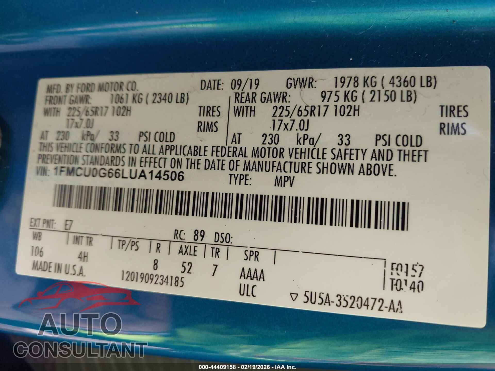 FORD ESCAPE 2020 - 1FMCU0G66LUA14506