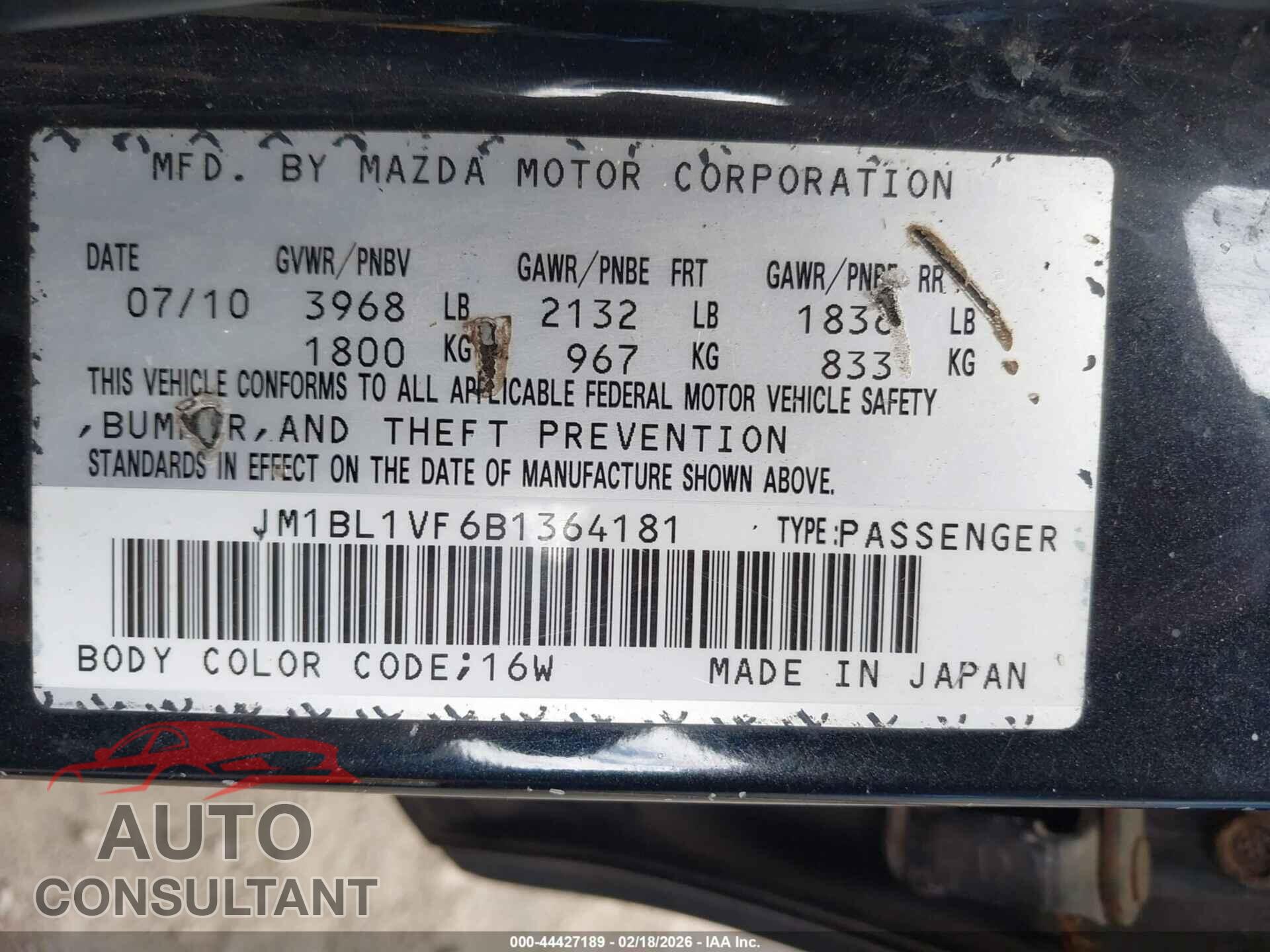 MAZDA MAZDA3 2011 - JM1BL1VF6B1364181