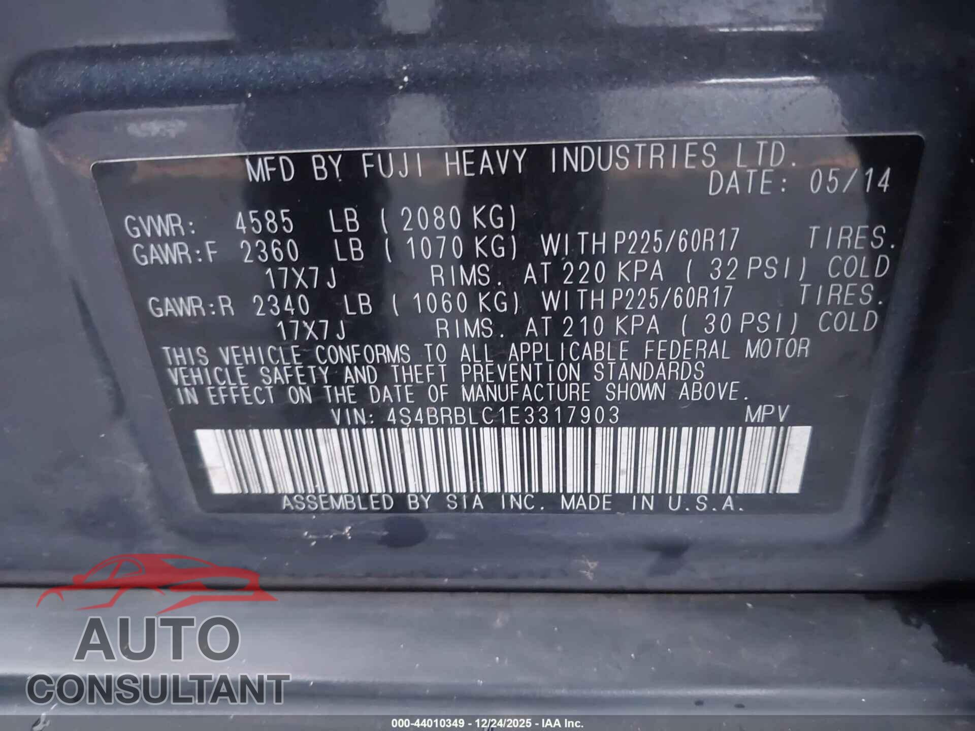 SUBARU OUTBACK 2014 - 4S4BRBLC1E3317903