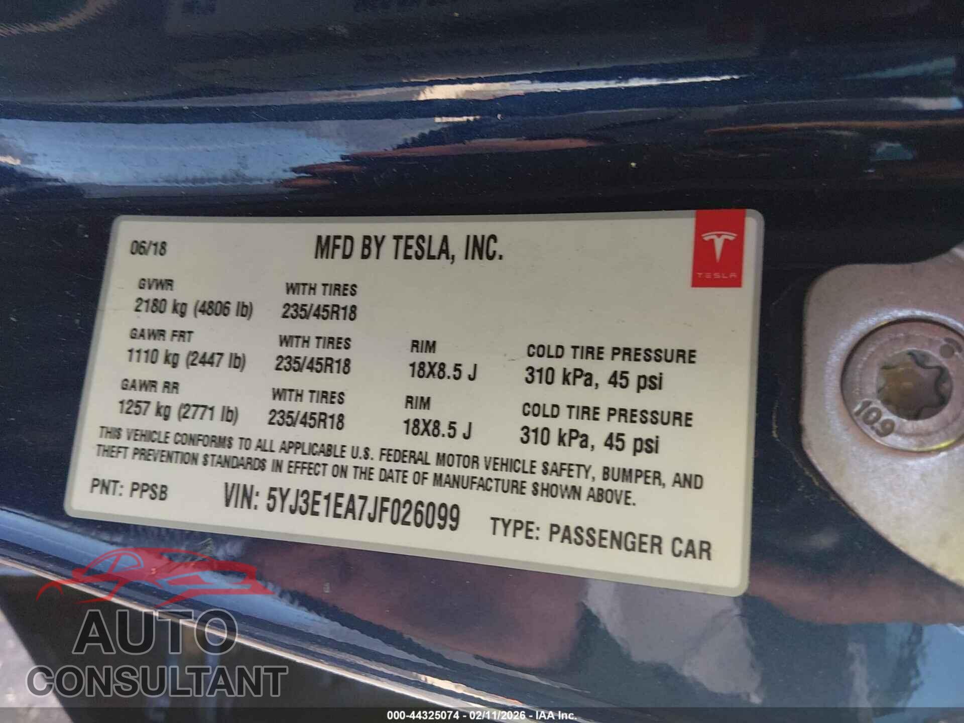 TESLA MODEL 3 2018 - 5YJ3E1EA7JF026099
