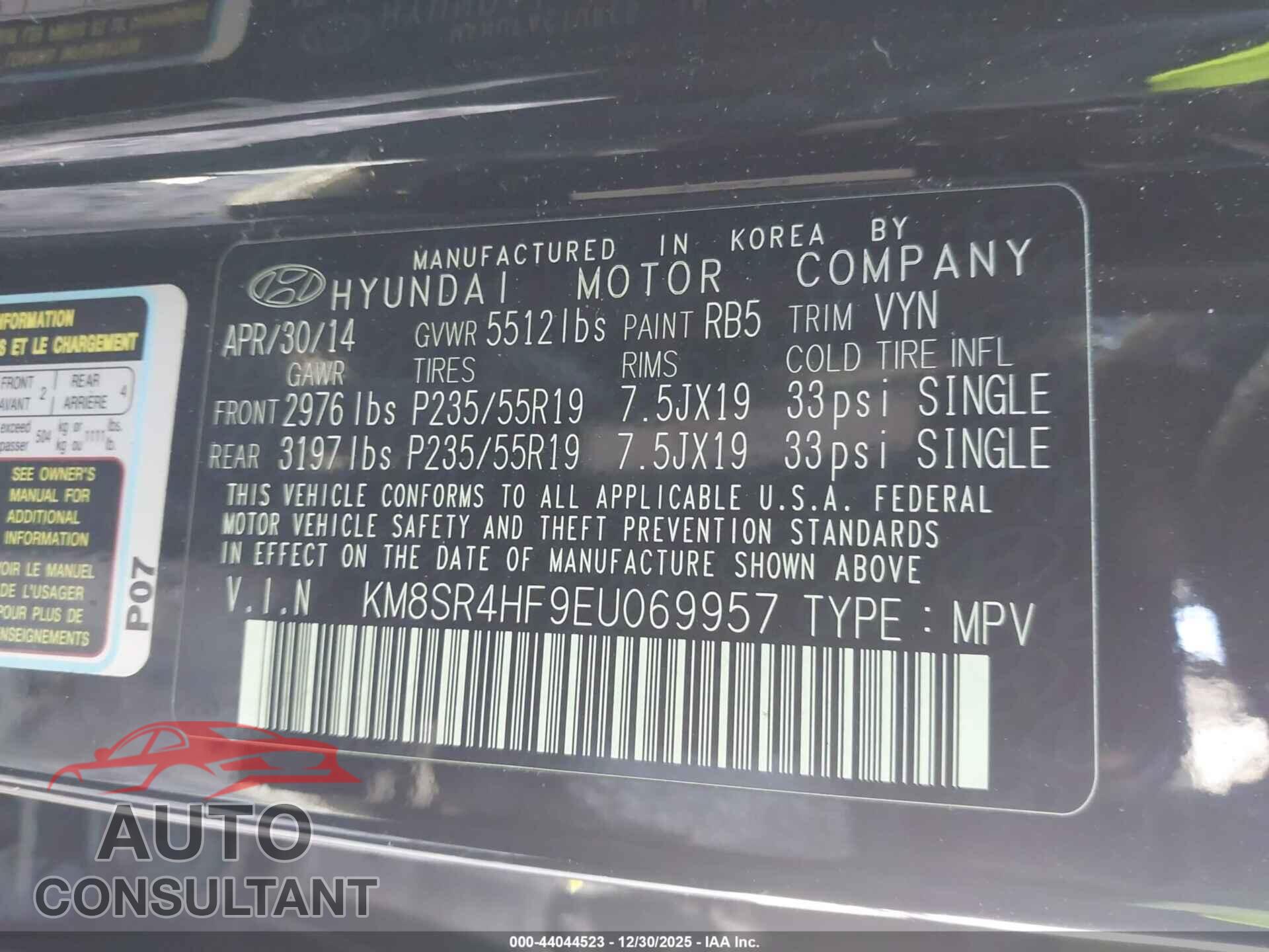 HYUNDAI SANTA FE 2014 - KM8SR4HF9EU069957