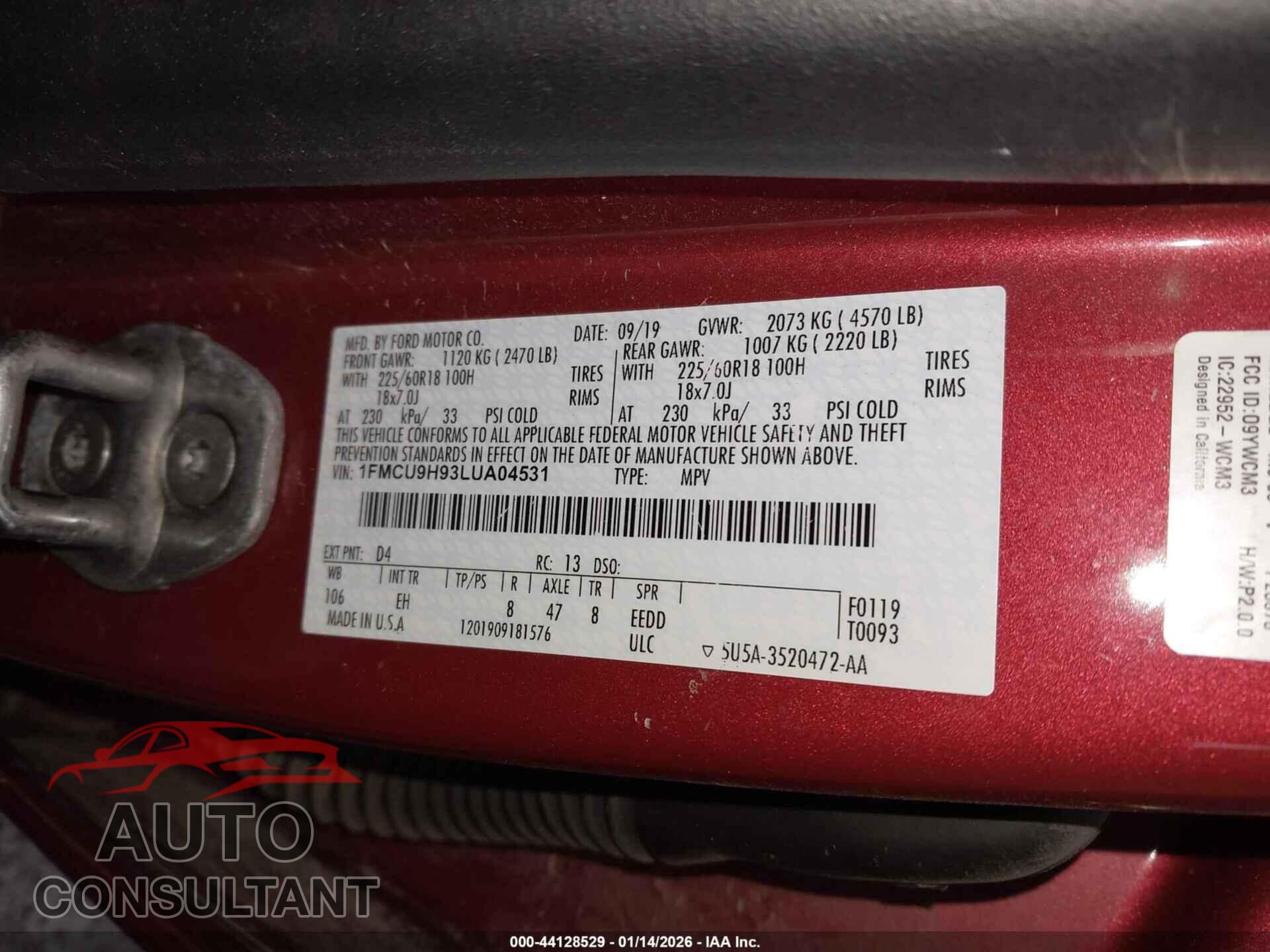 FORD ESCAPE 2020 - 1FMCU9H93LUA04531