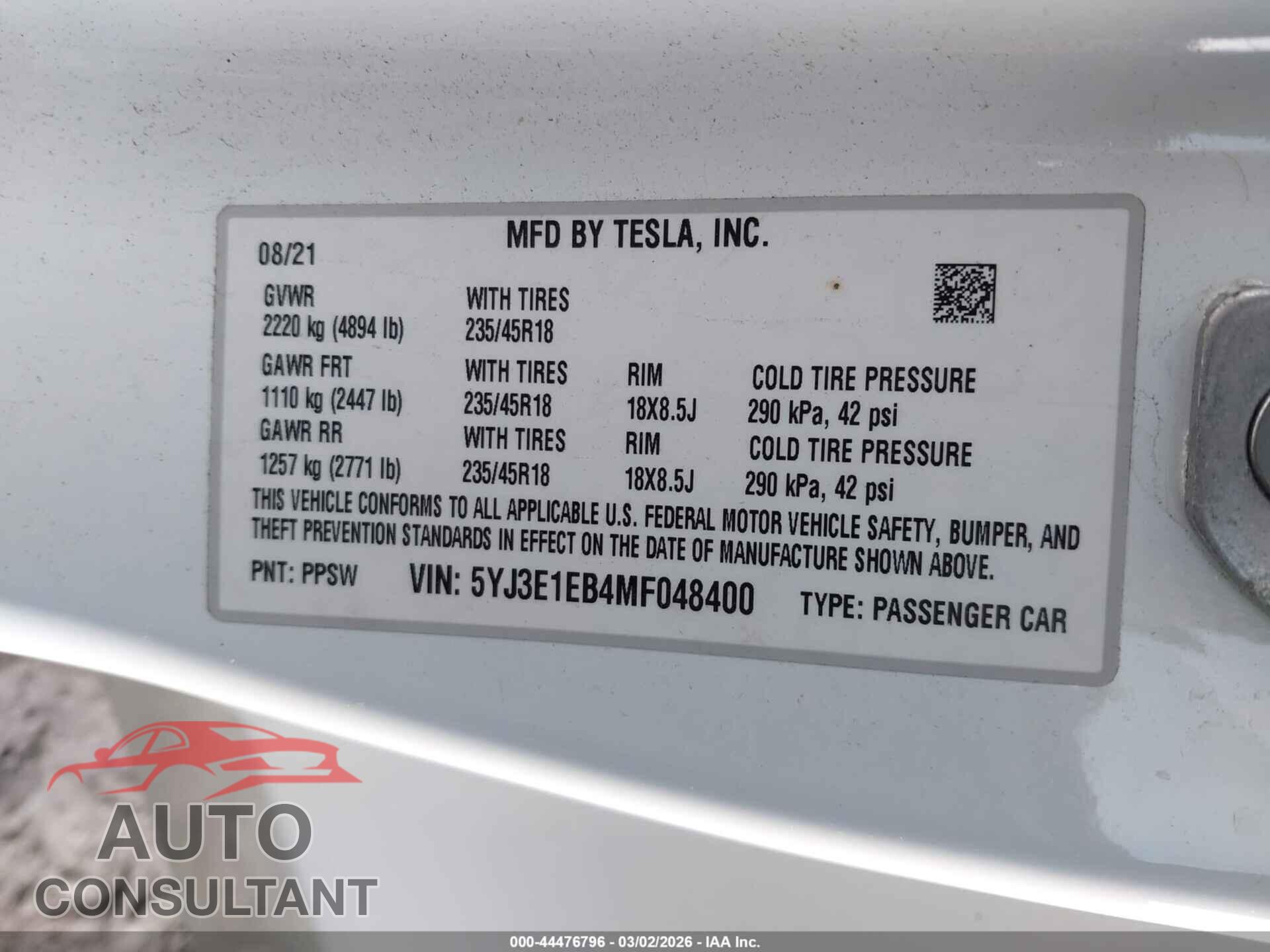 TESLA MODEL 3 2021 - 5YJ3E1EB4MF048400