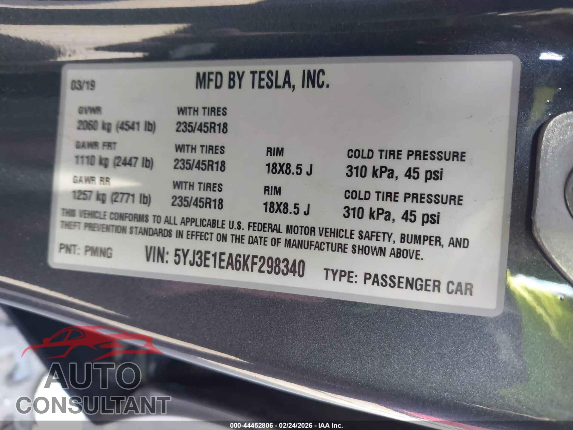 TESLA MODEL 3 2019 - 5YJ3E1EA6KF298340