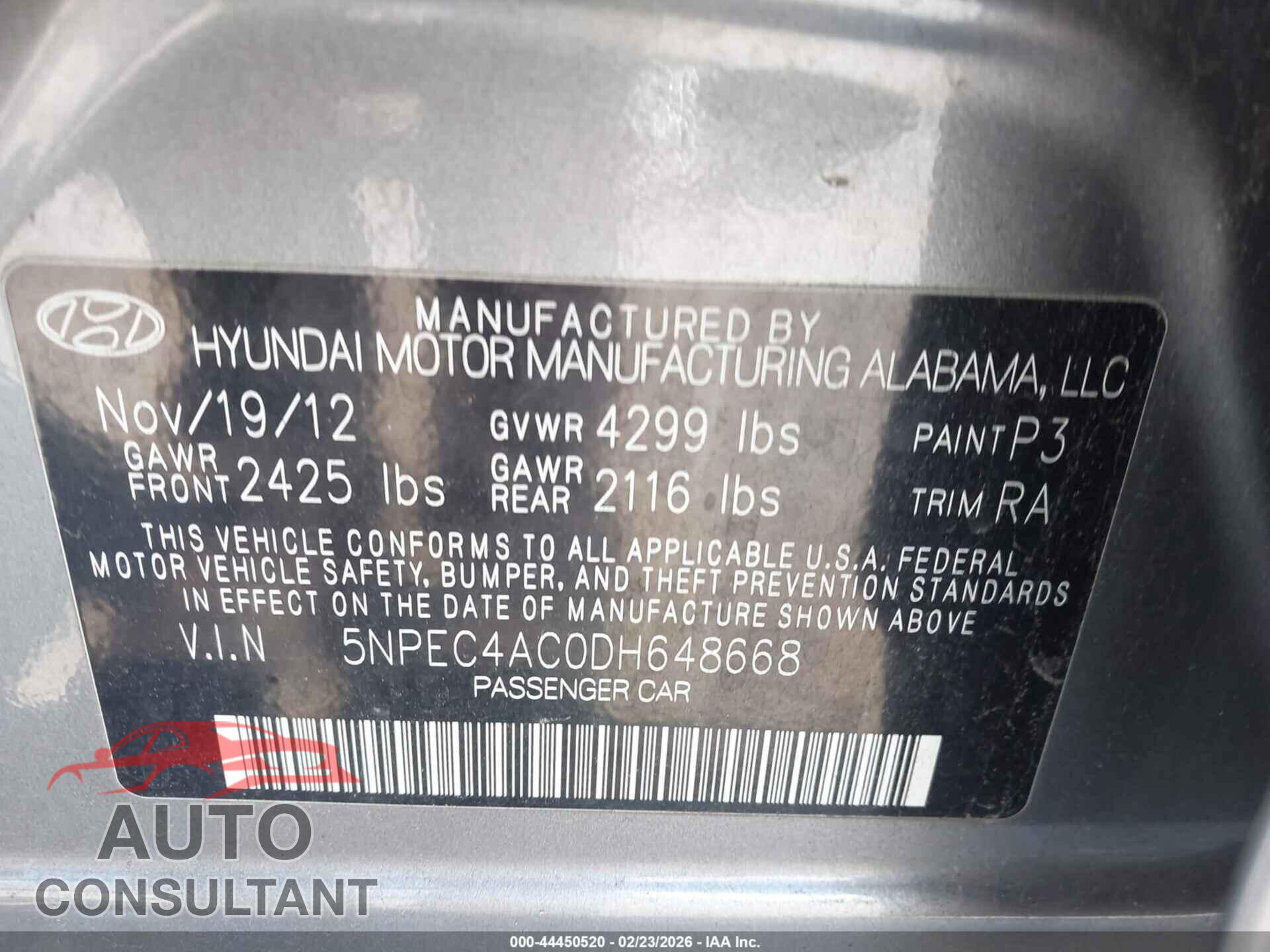 HYUNDAI SONATA 2013 - 5NPEC4AC0DH648668