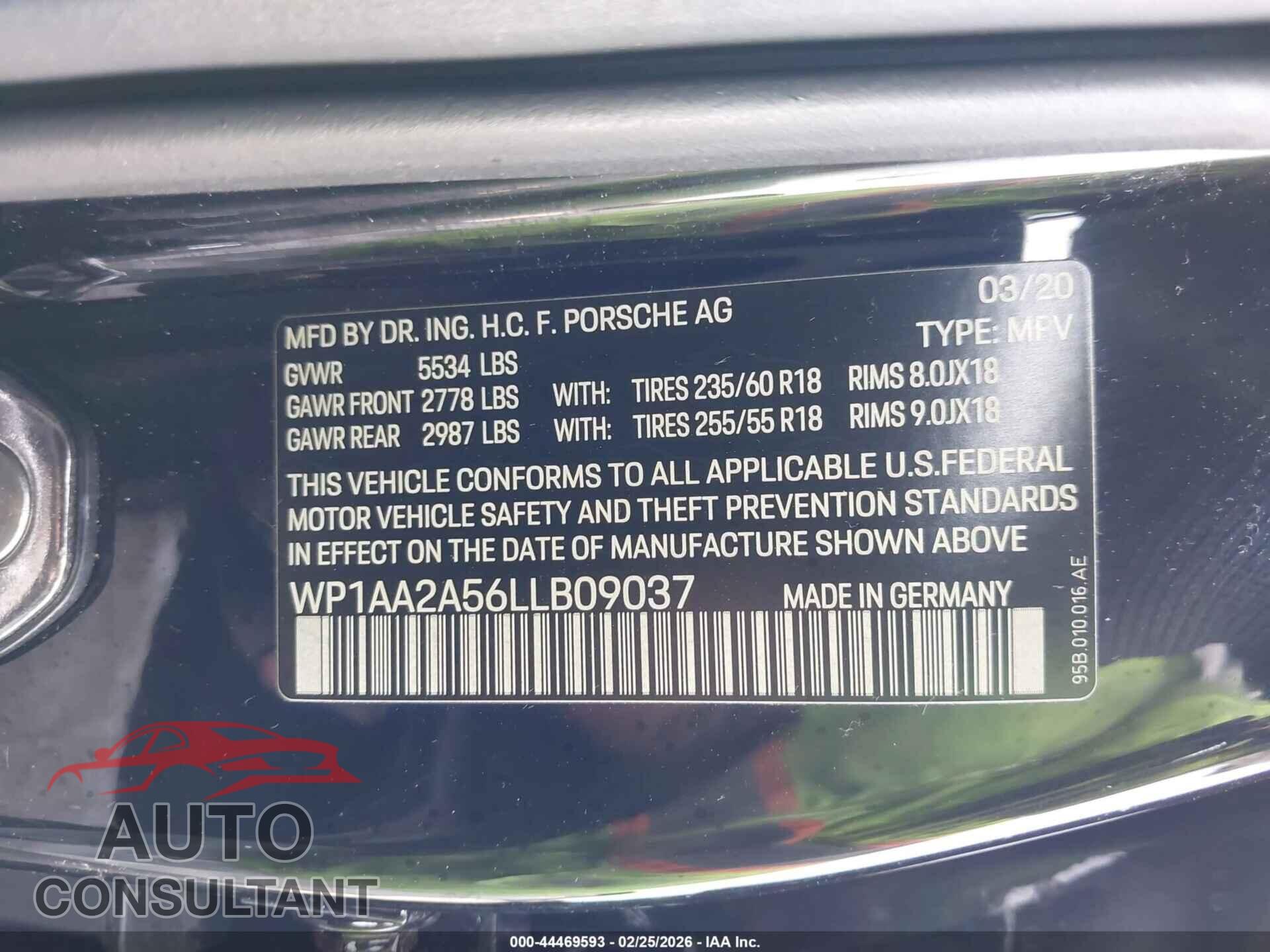 PORSCHE MACAN 2020 - WP1AA2A56LLB09037