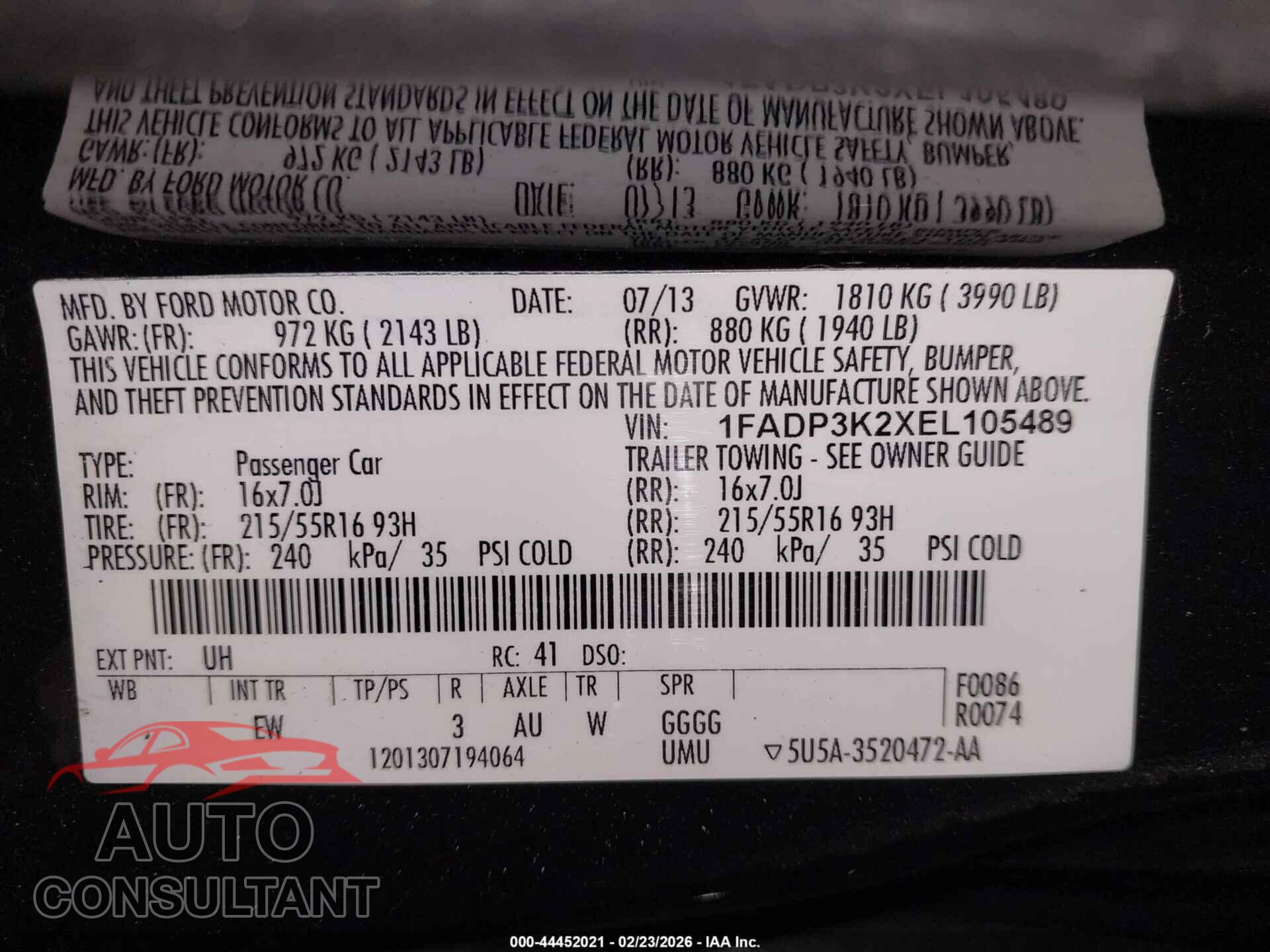 FORD FOCUS 2014 - 1FADP3K2XEL105489