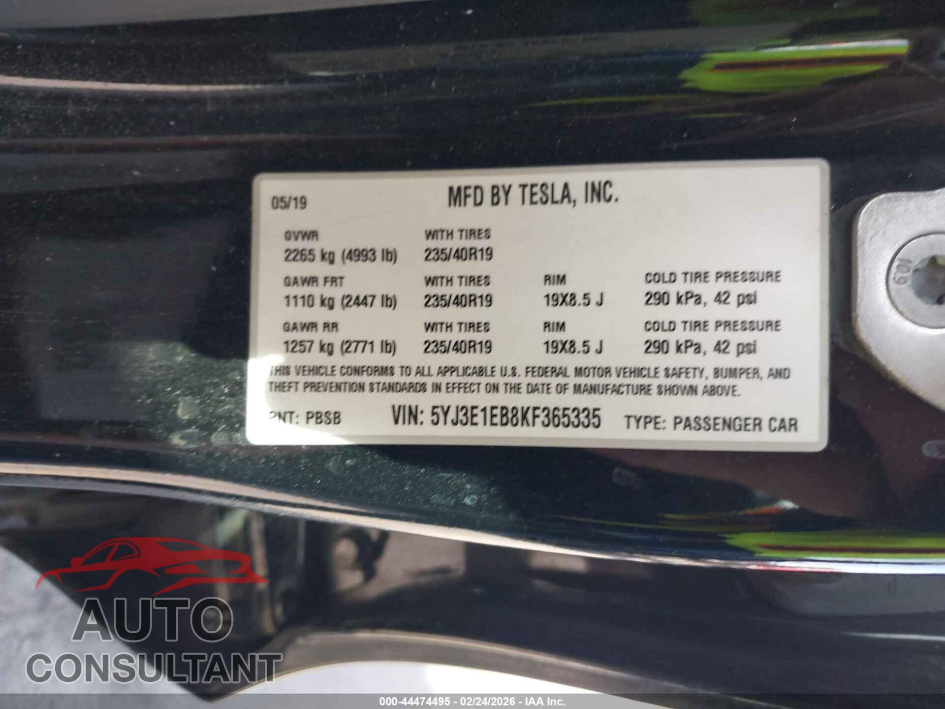 TESLA MODEL 3 2019 - 5YJ3E1EB8KF365335