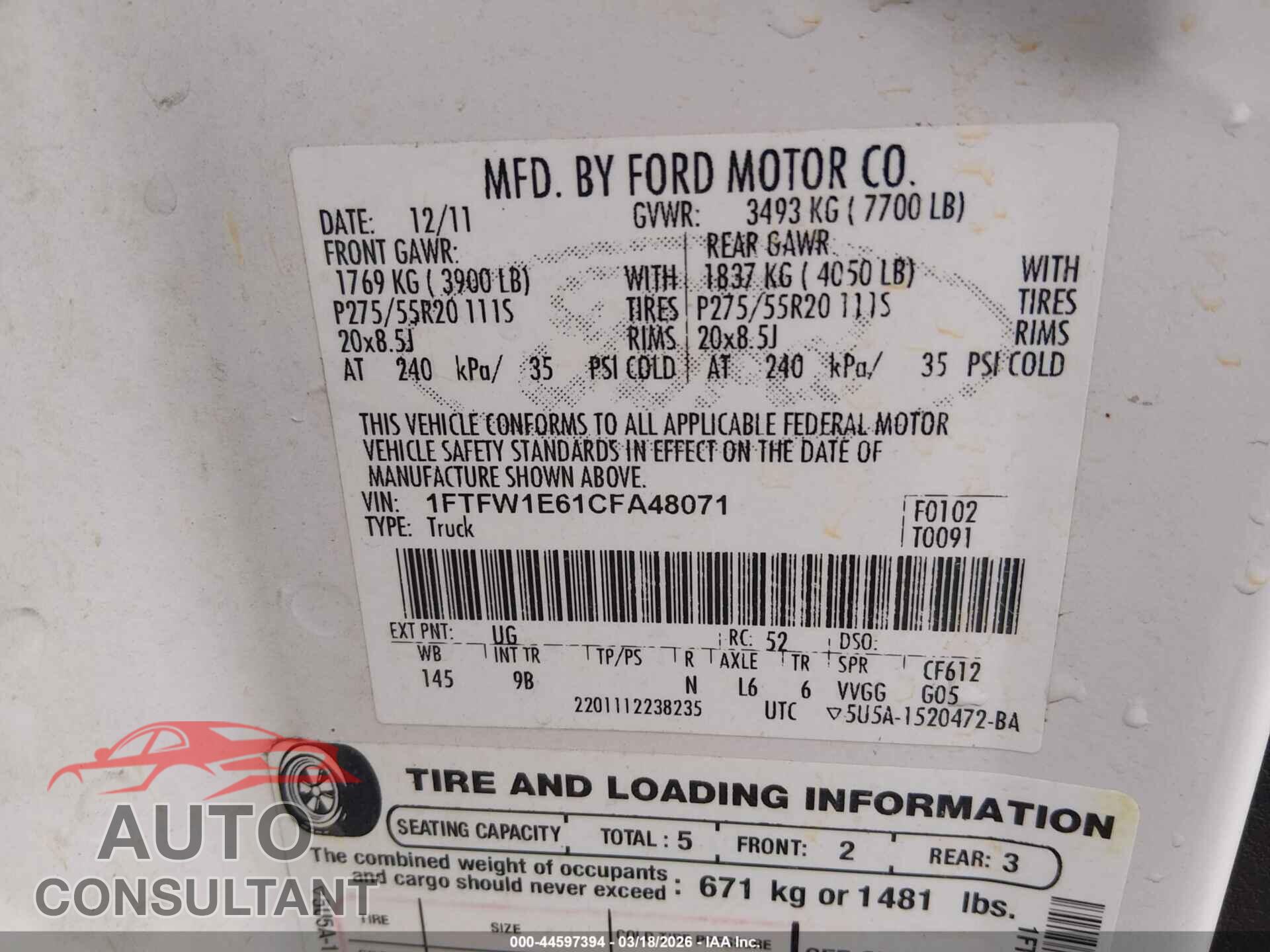 FORD F-150 2012 - 1FTFW1E61CFA48071
