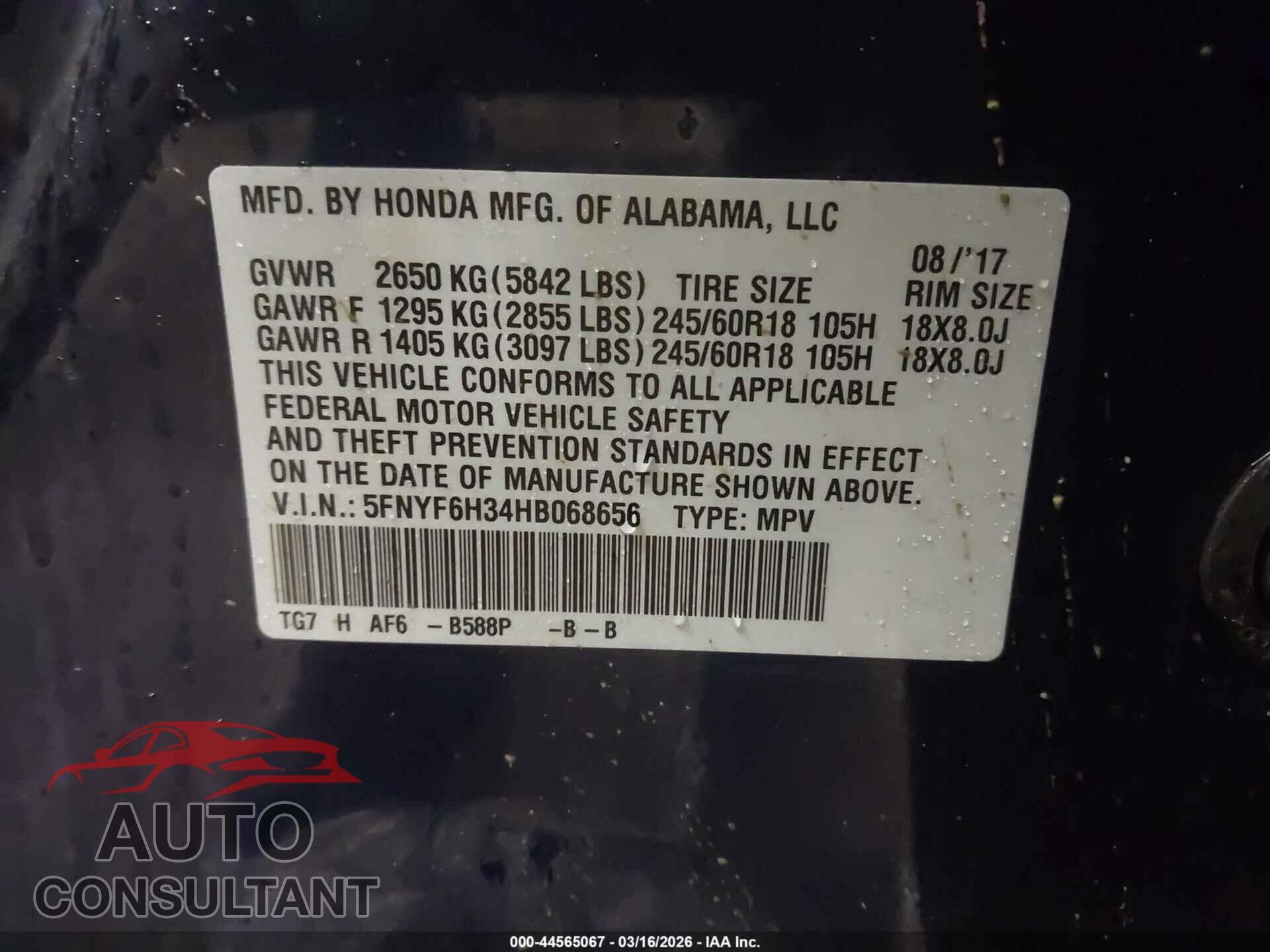 HONDA PILOT 2017 - 5FNYF6H34HB068656