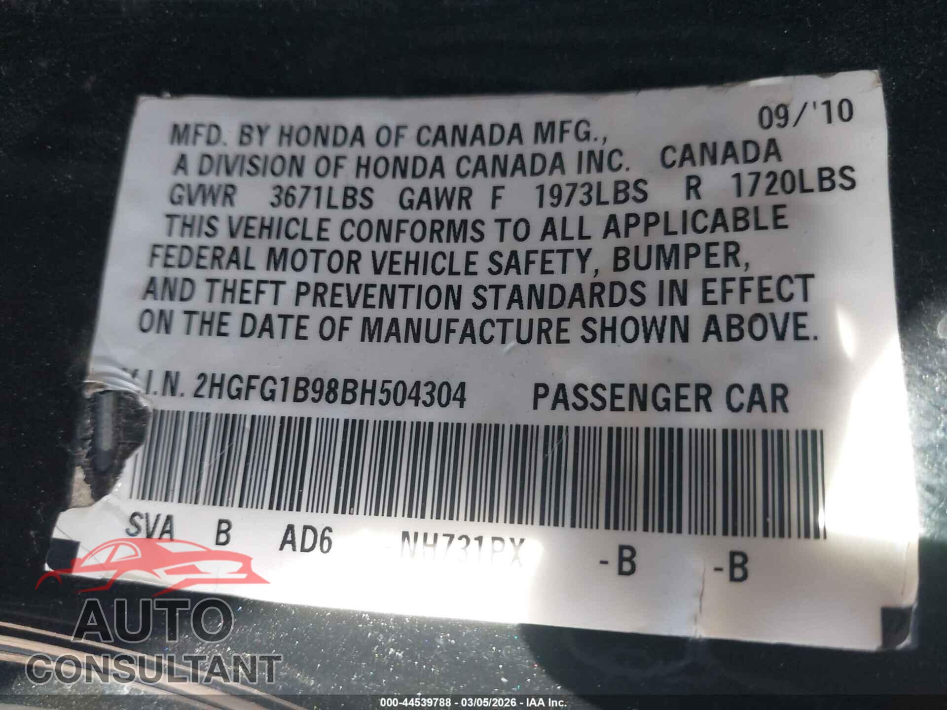 HONDA CIVIC 2011 - 2HGFG1B98BH504304