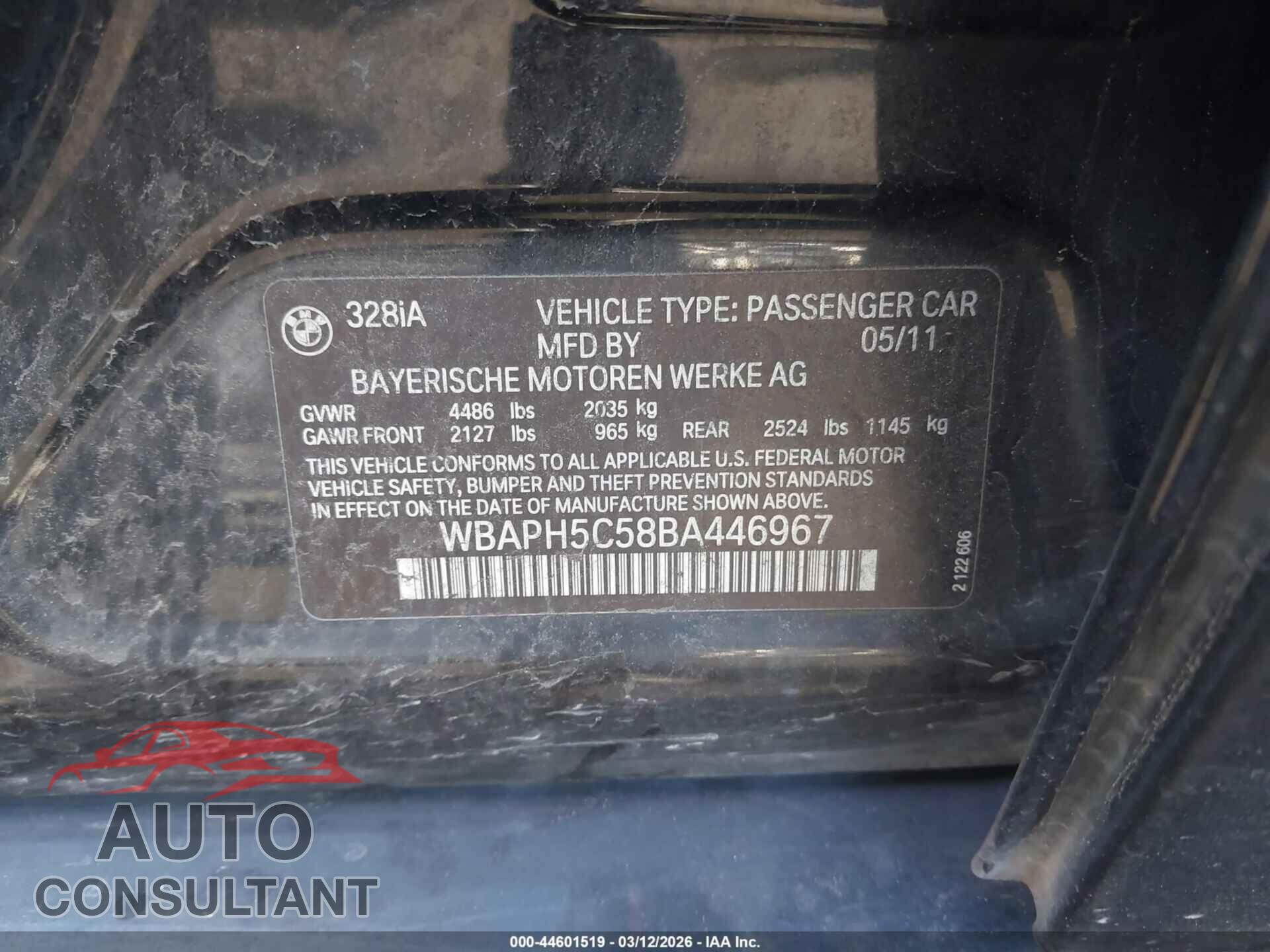BMW 328I 2011 - WBAPH5C58BA446967