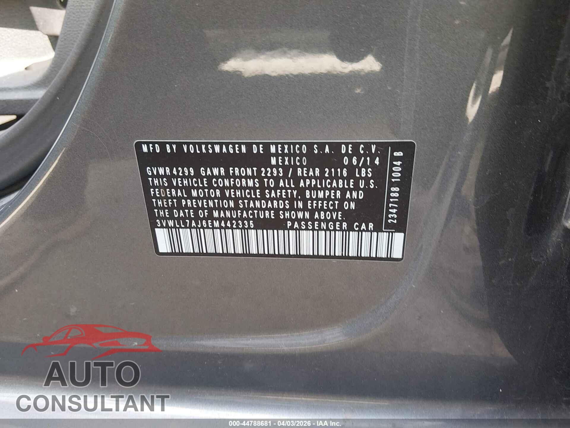 VOLKSWAGEN JETTA 2014 - 3VWLL7AJ6EM442335