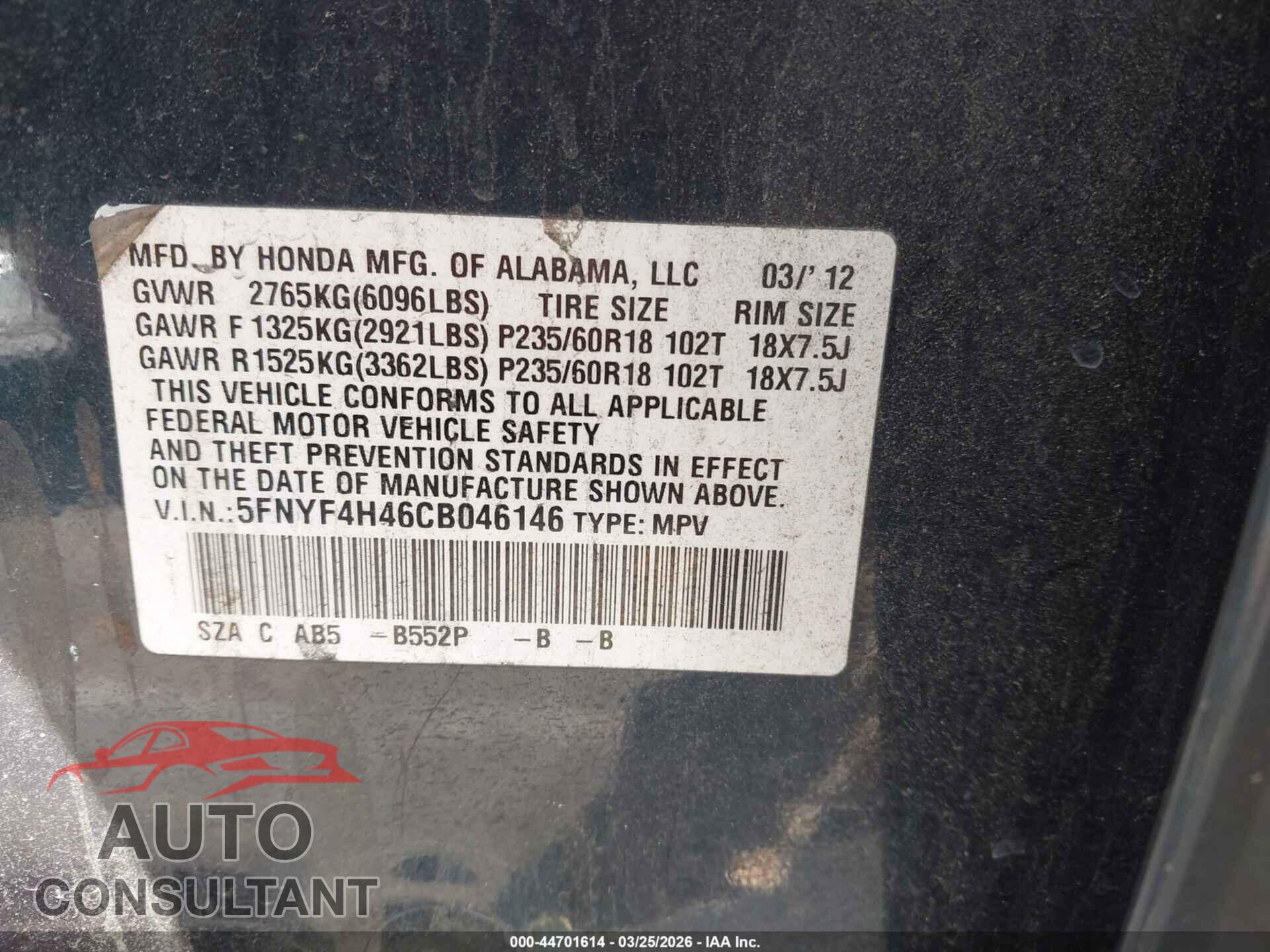 HONDA PILOT 2012 - 5FNYF4H46CB046146