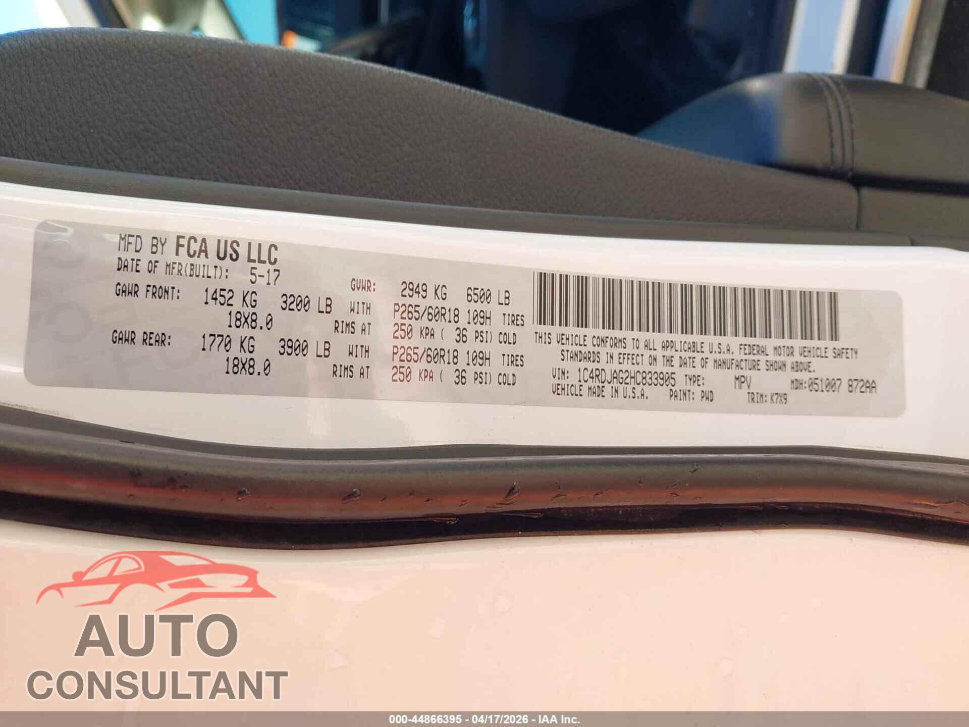 DODGE DURANGO 2017 - 1C4RDJAG2HC833905