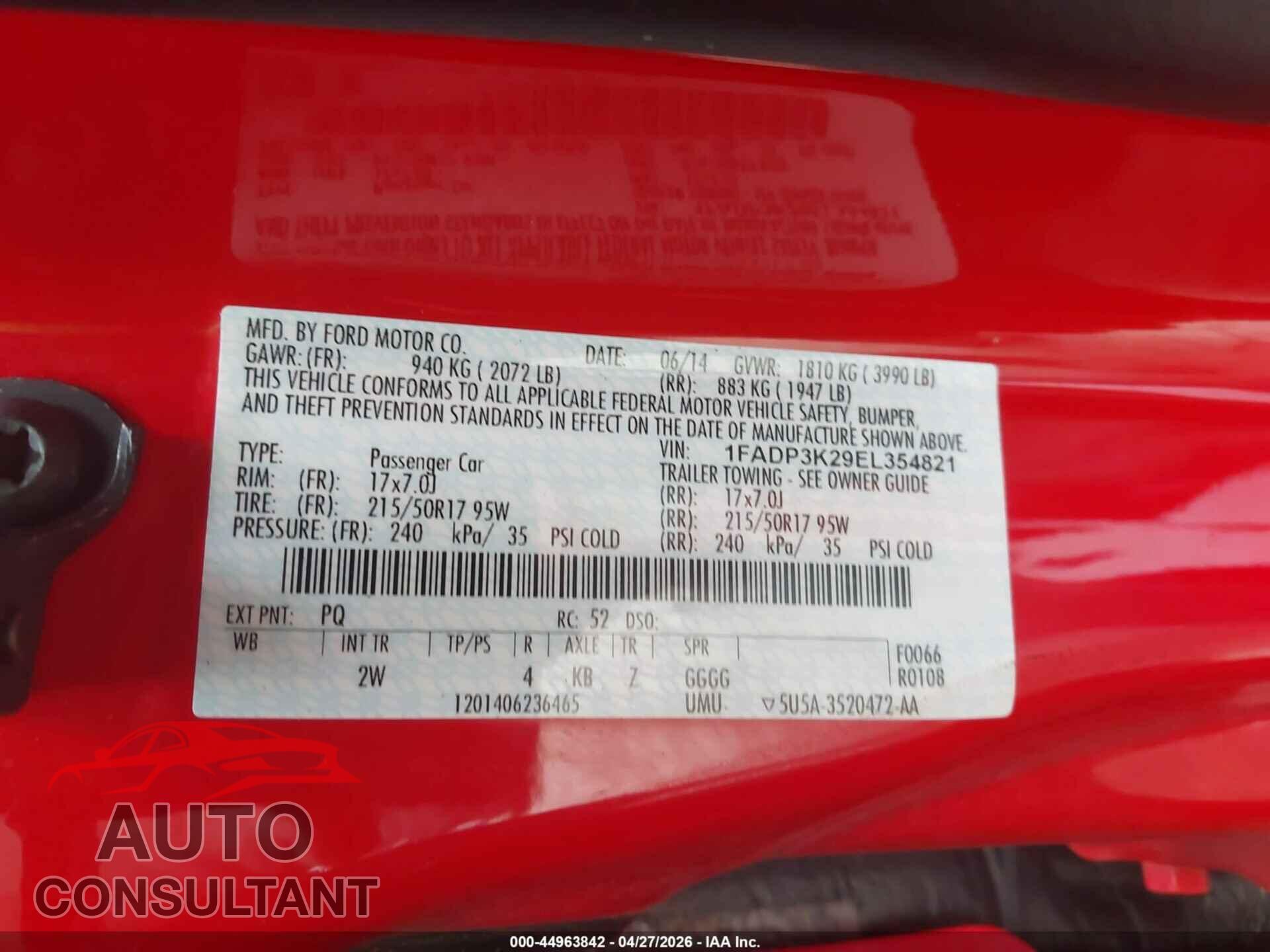 FORD FOCUS 2014 - 1FADP3K29EL354821