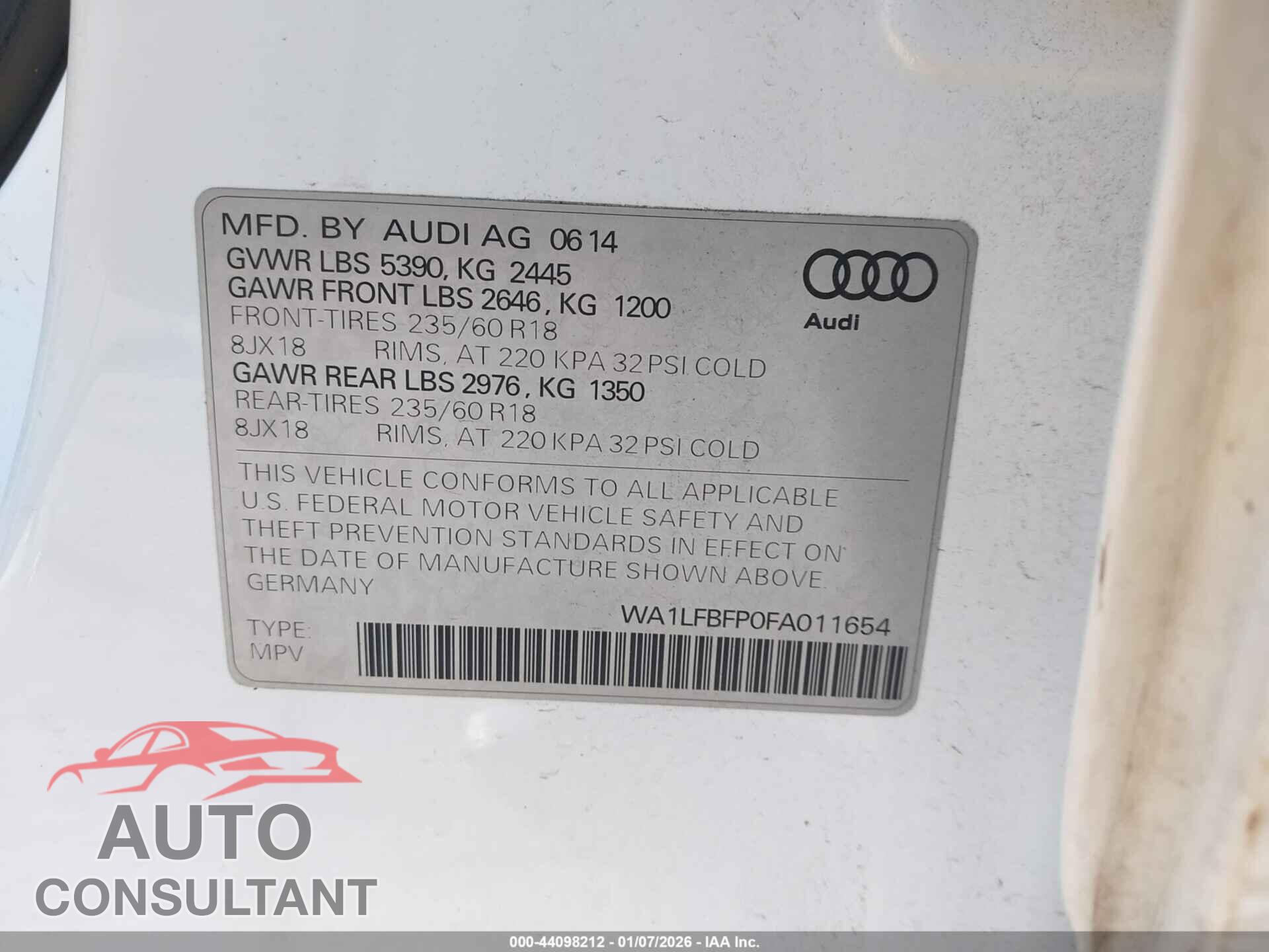 AUDI Q5 2015 - WA1LFBFP0FA011654