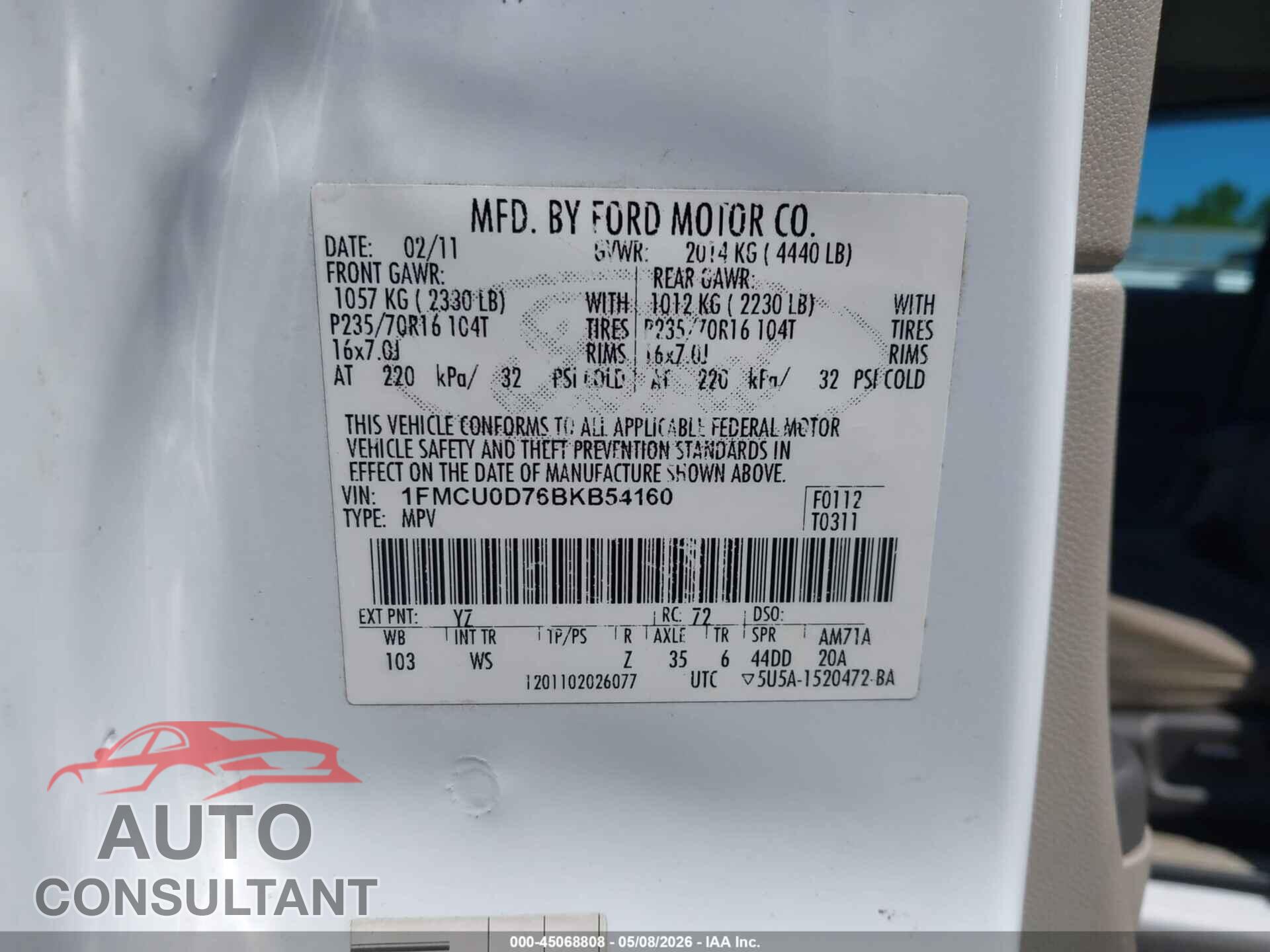 FORD ESCAPE 2011 - 1FMCU0D76BKB54160