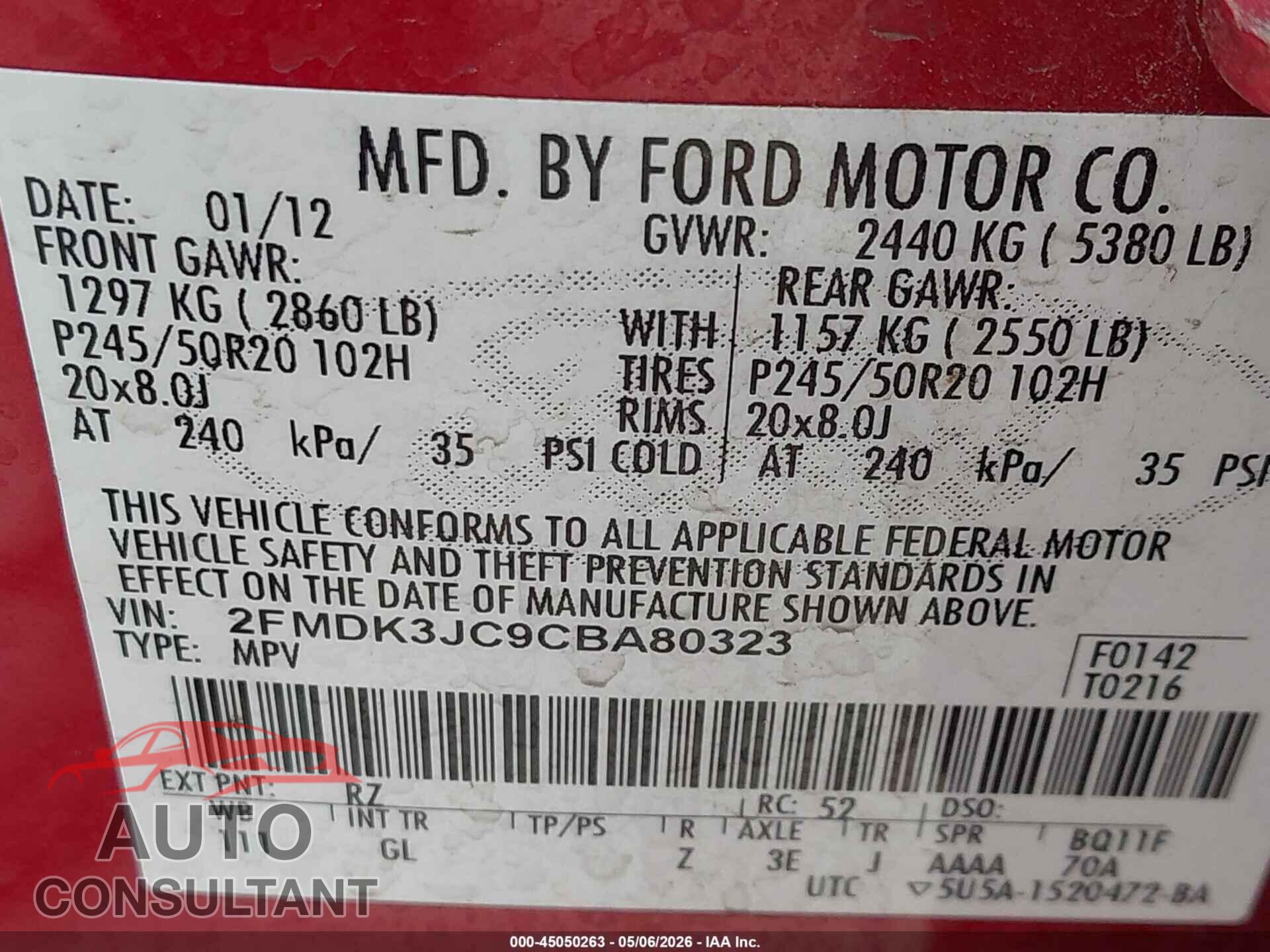 FORD EDGE 2012 - 2FMDK3JC9CBA80323
