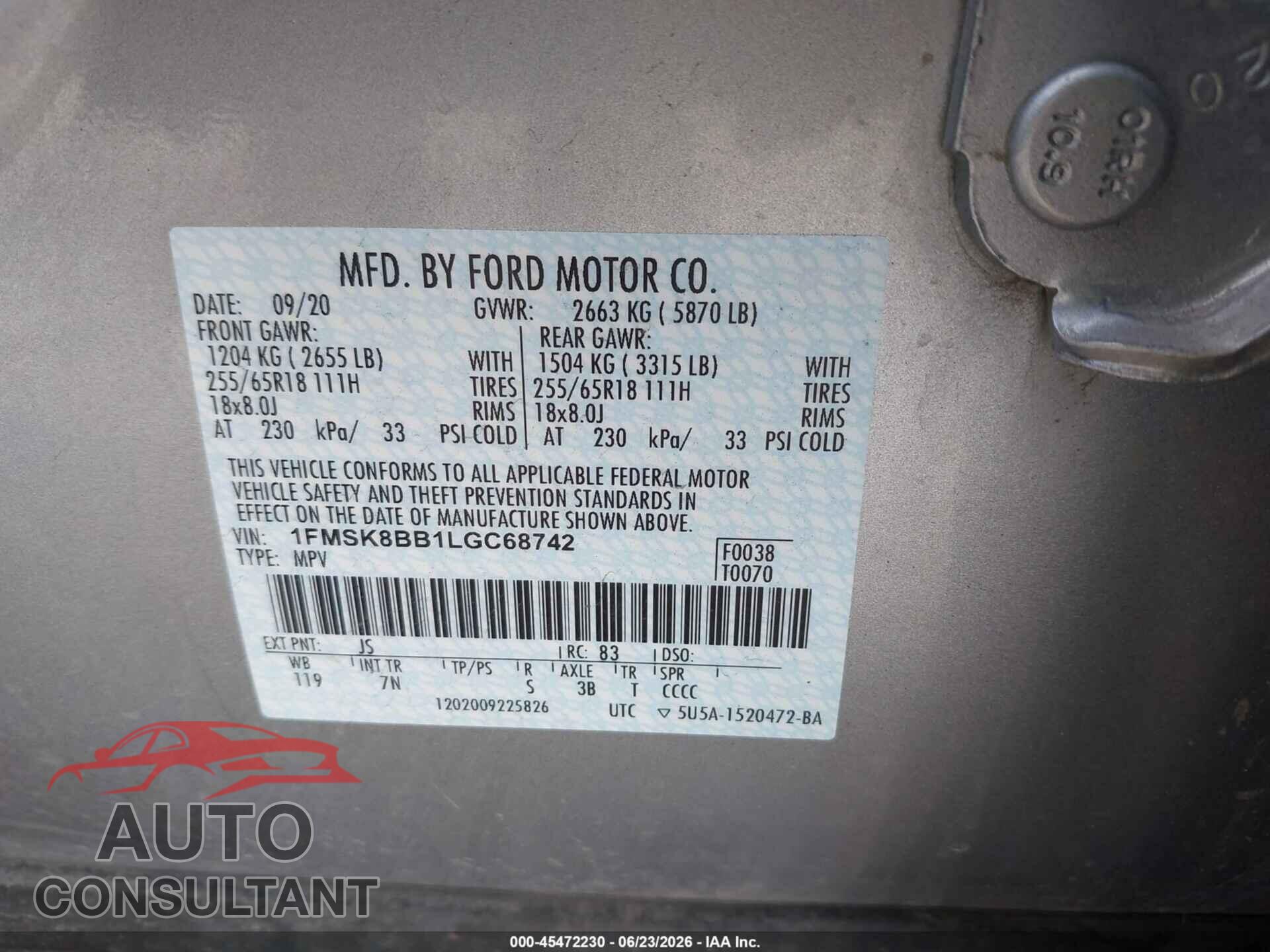 FORD EXPLORER 2020 - 1FMSK8BB1LGC68742