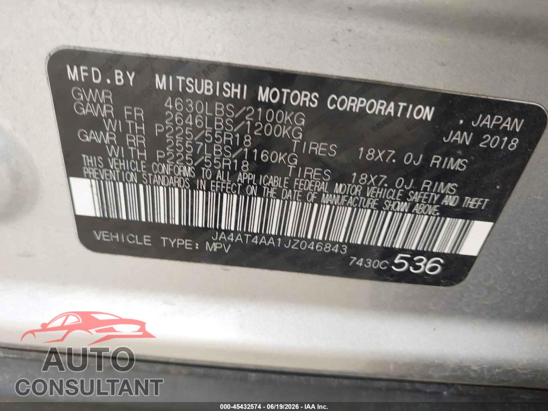 MITSUBISHI ECLIPSE CROSS 2018 - JA4AT4AA1JZ046843