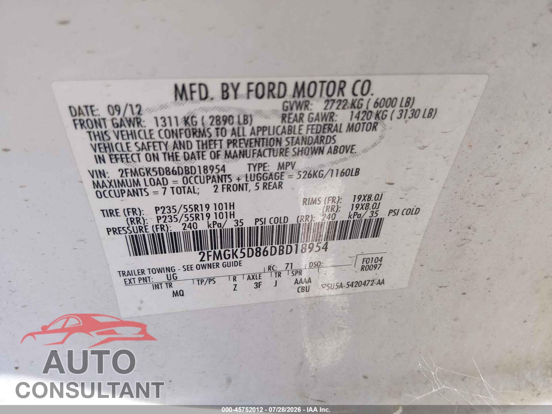FORD FLEX 2013 - 2FMGK5D86DBD18954
